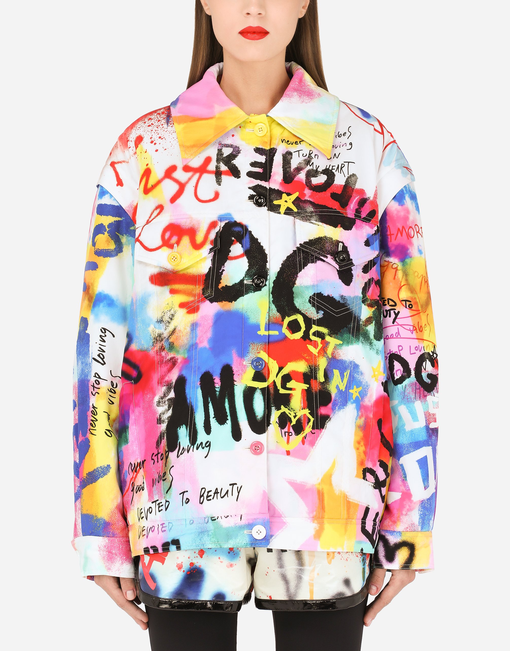 Nylon jacket with multi-colored graffiti print in Multicolor