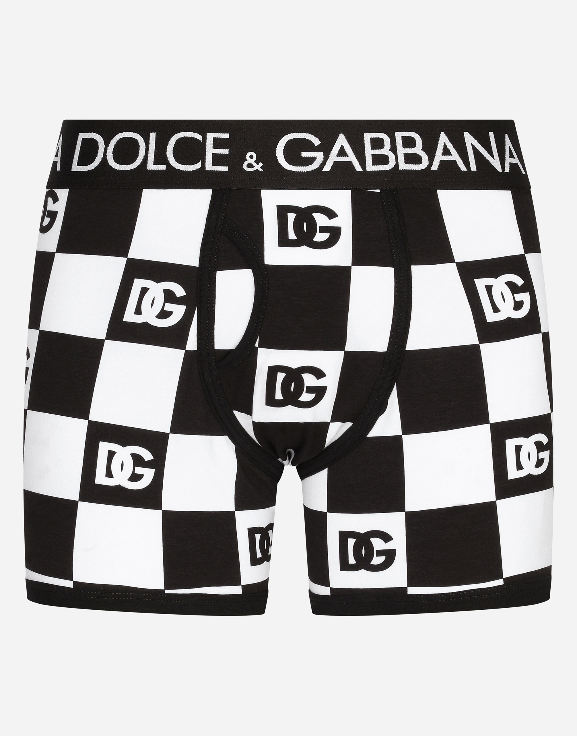 Damier-print long-leg jersey boxers with DG logo in Multicolor