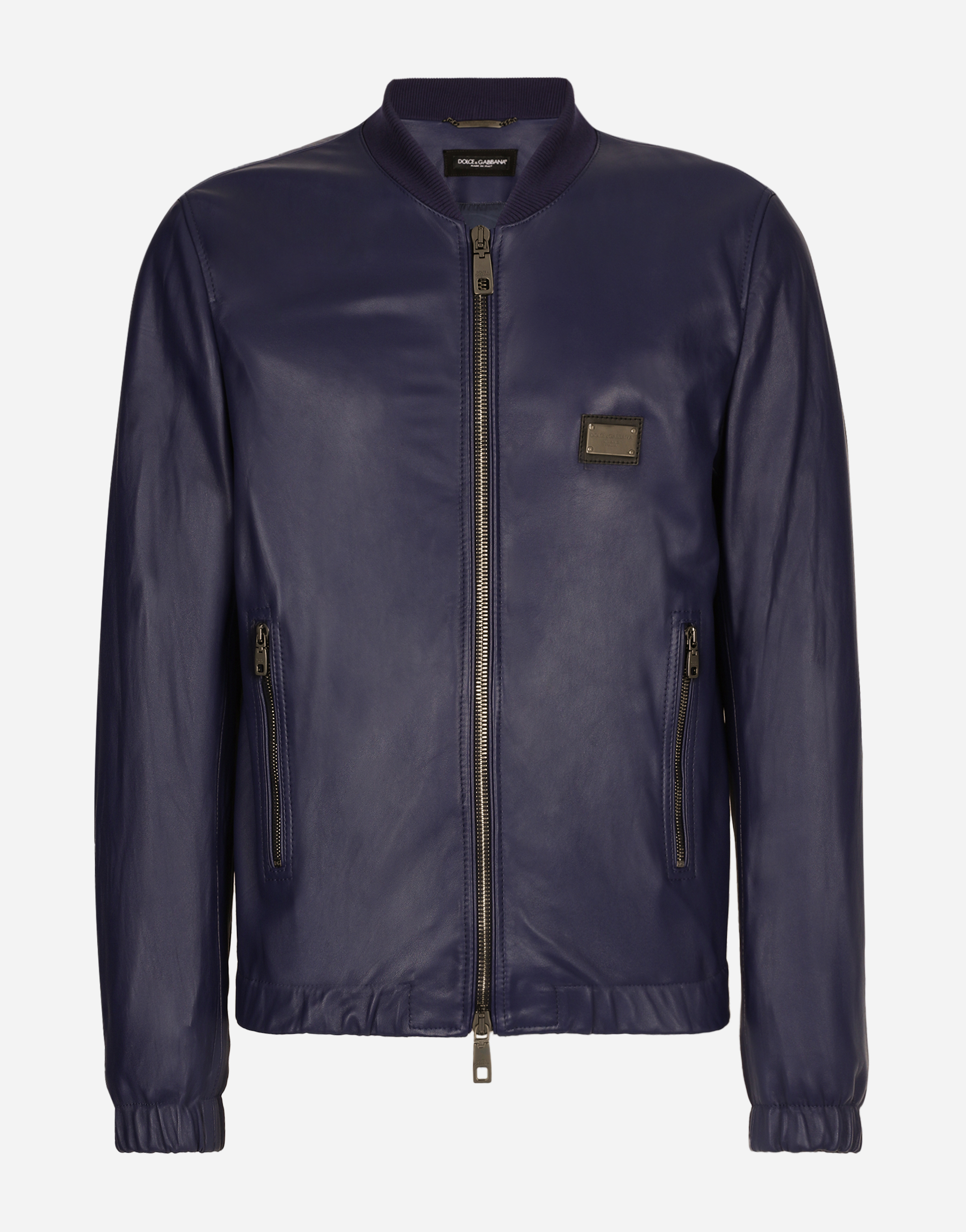 Leather jacket with branded tag in Blue