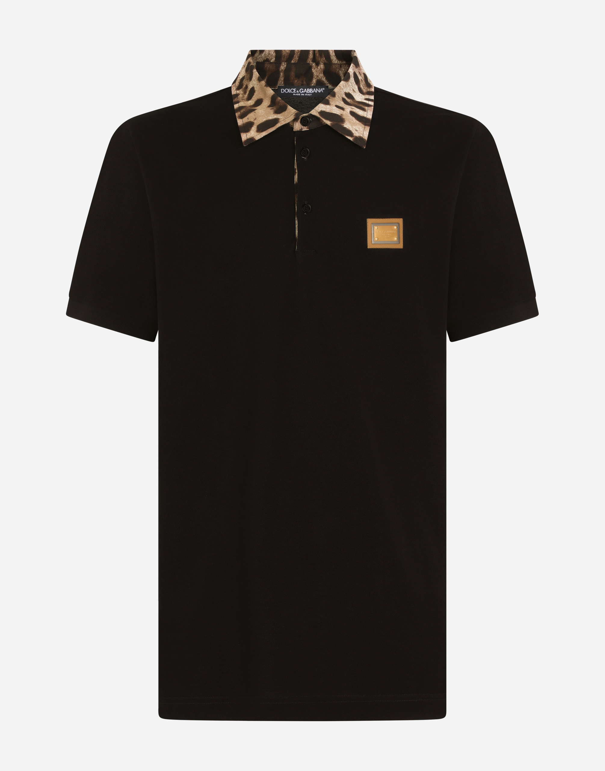 Cotton piqué polo-shirt with leopard-print details and plate in Black