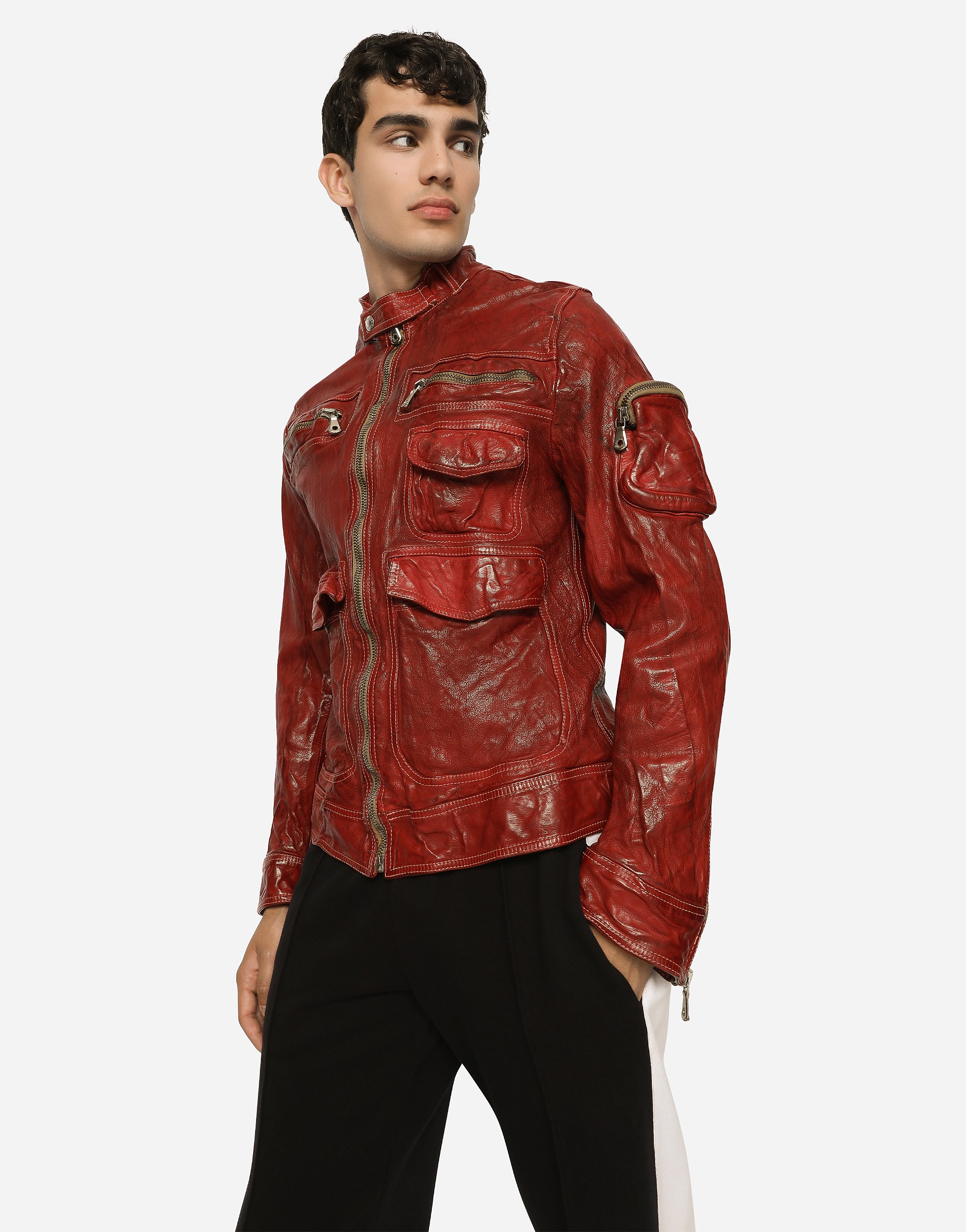 Shop Dolce & Gabbana Multi-pocket Washed Leather Jacket In Bordeaux