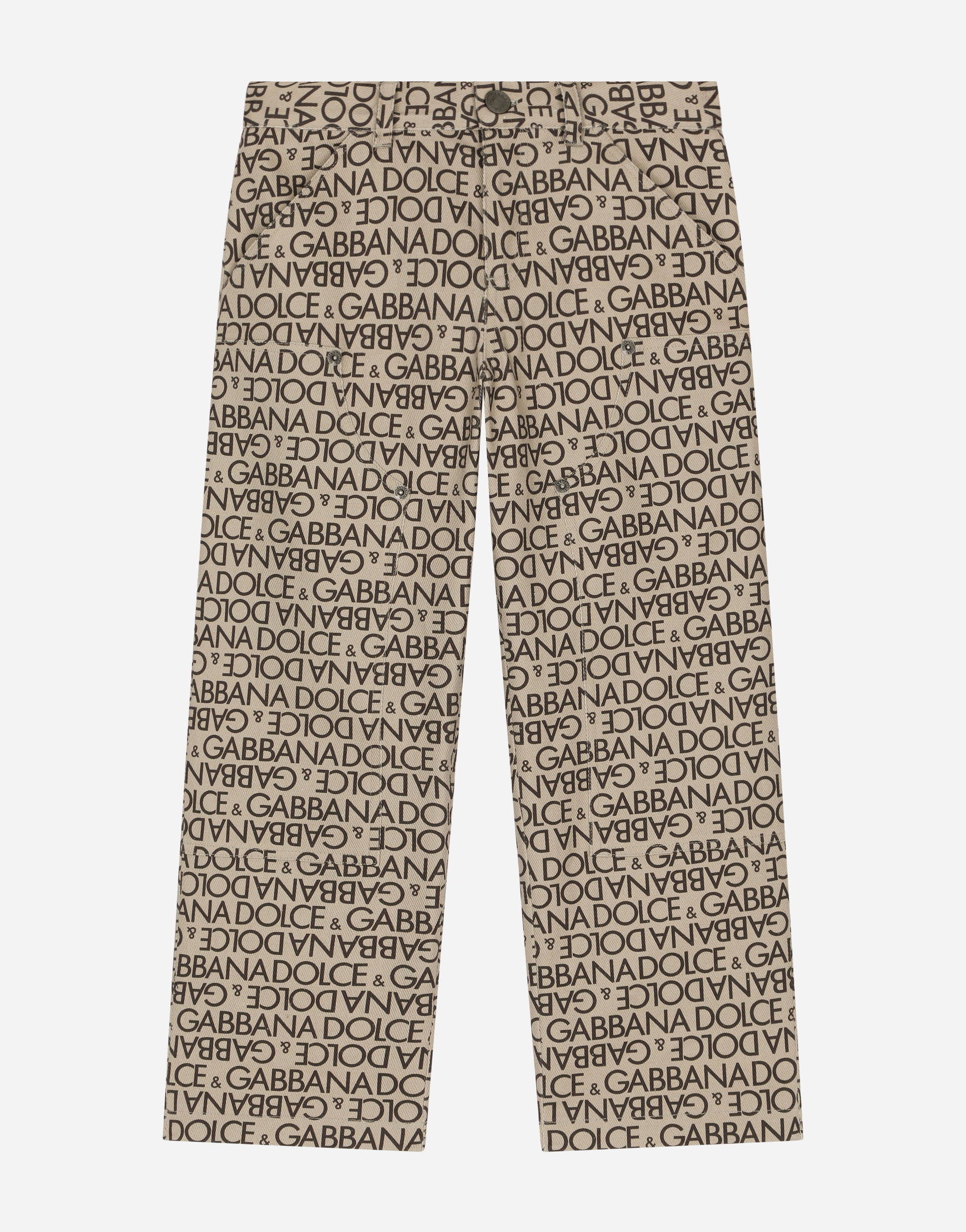 Dolce & Gabbana Printed Denim Pants With All-over Logo In Beige