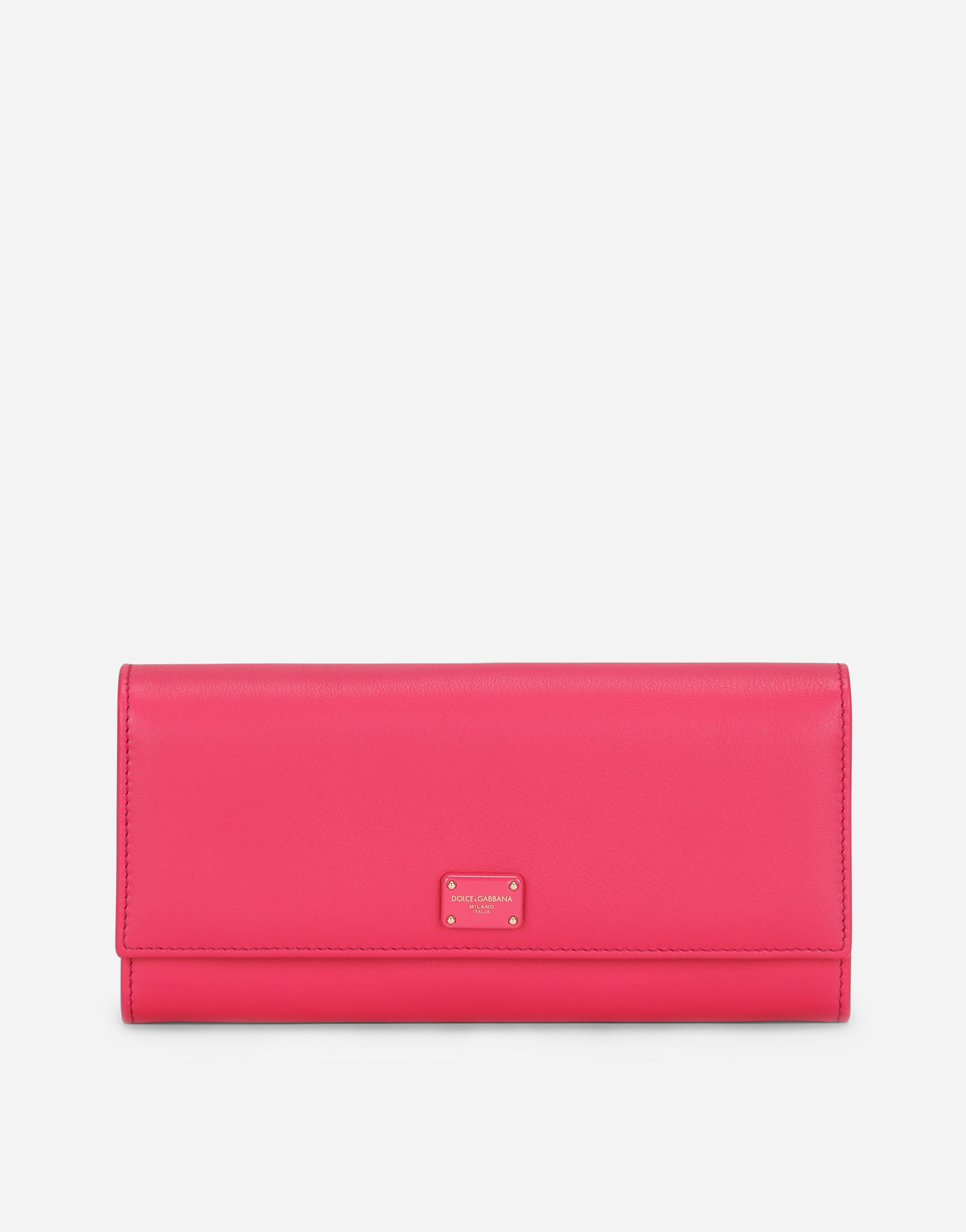 Calfskin continental wallet with branded plate in Fuchsia