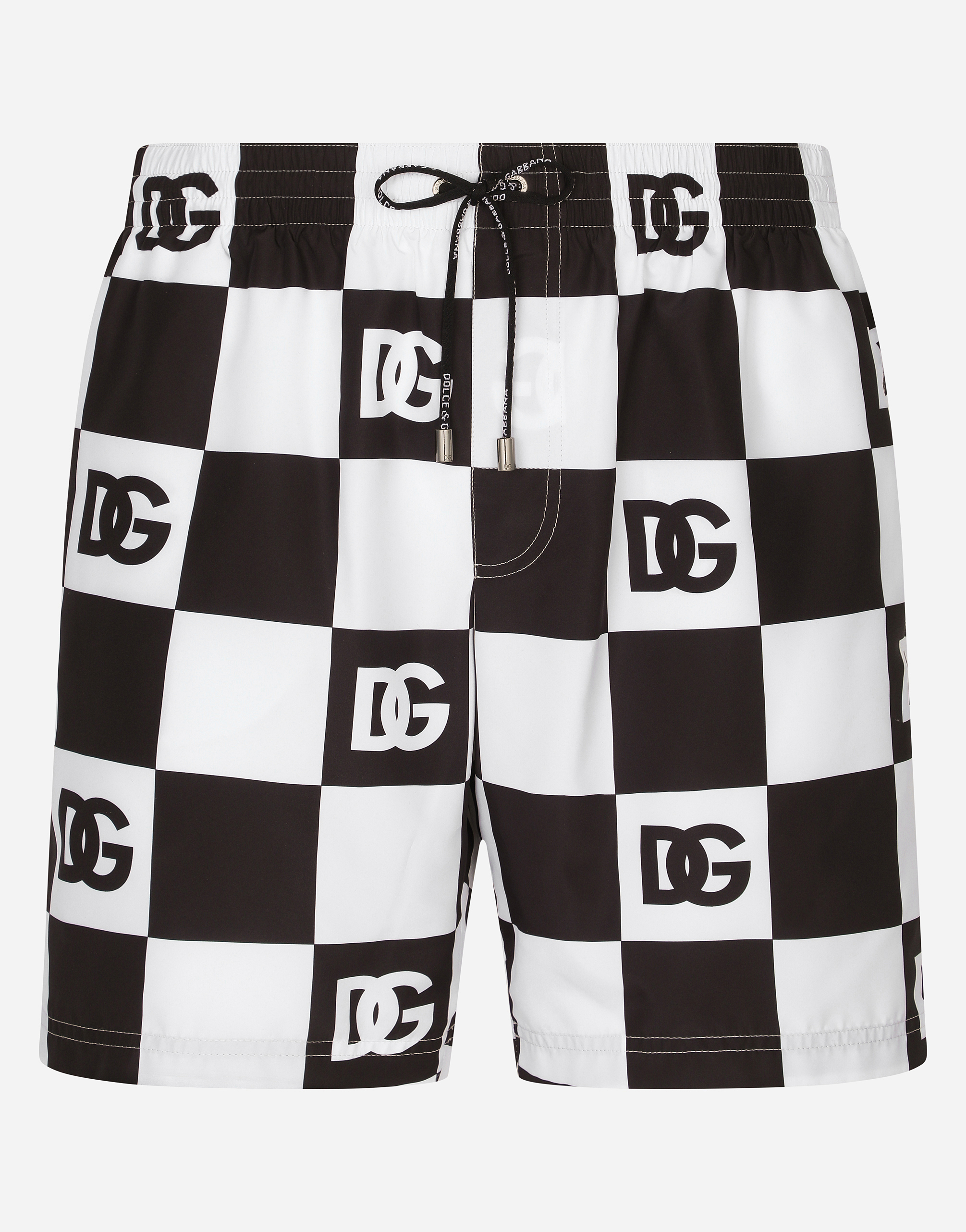 Damier-print mid-length swim trunks with DG logo in Multicolor