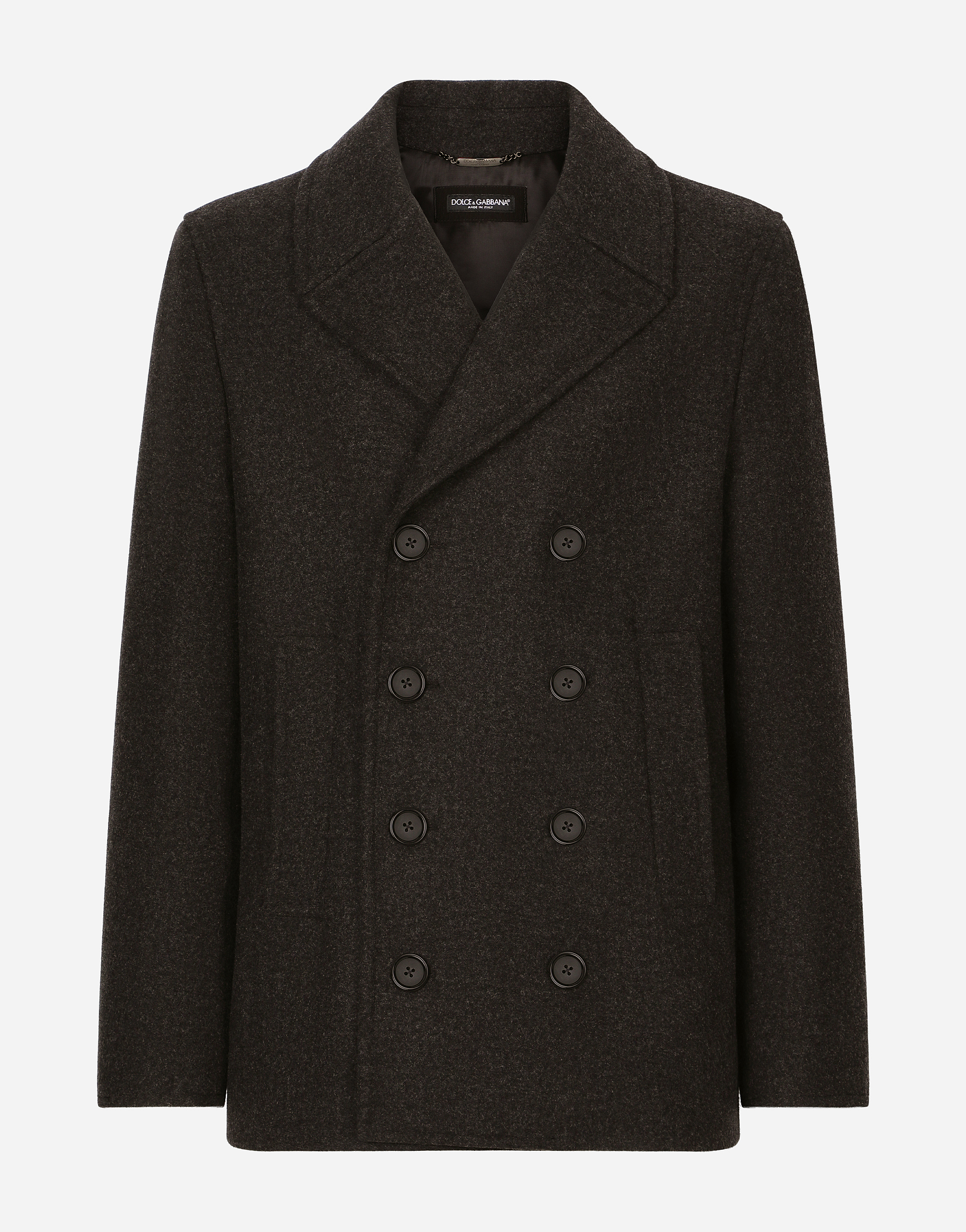 Double-breasted wool pea coat with branded tag in Grey