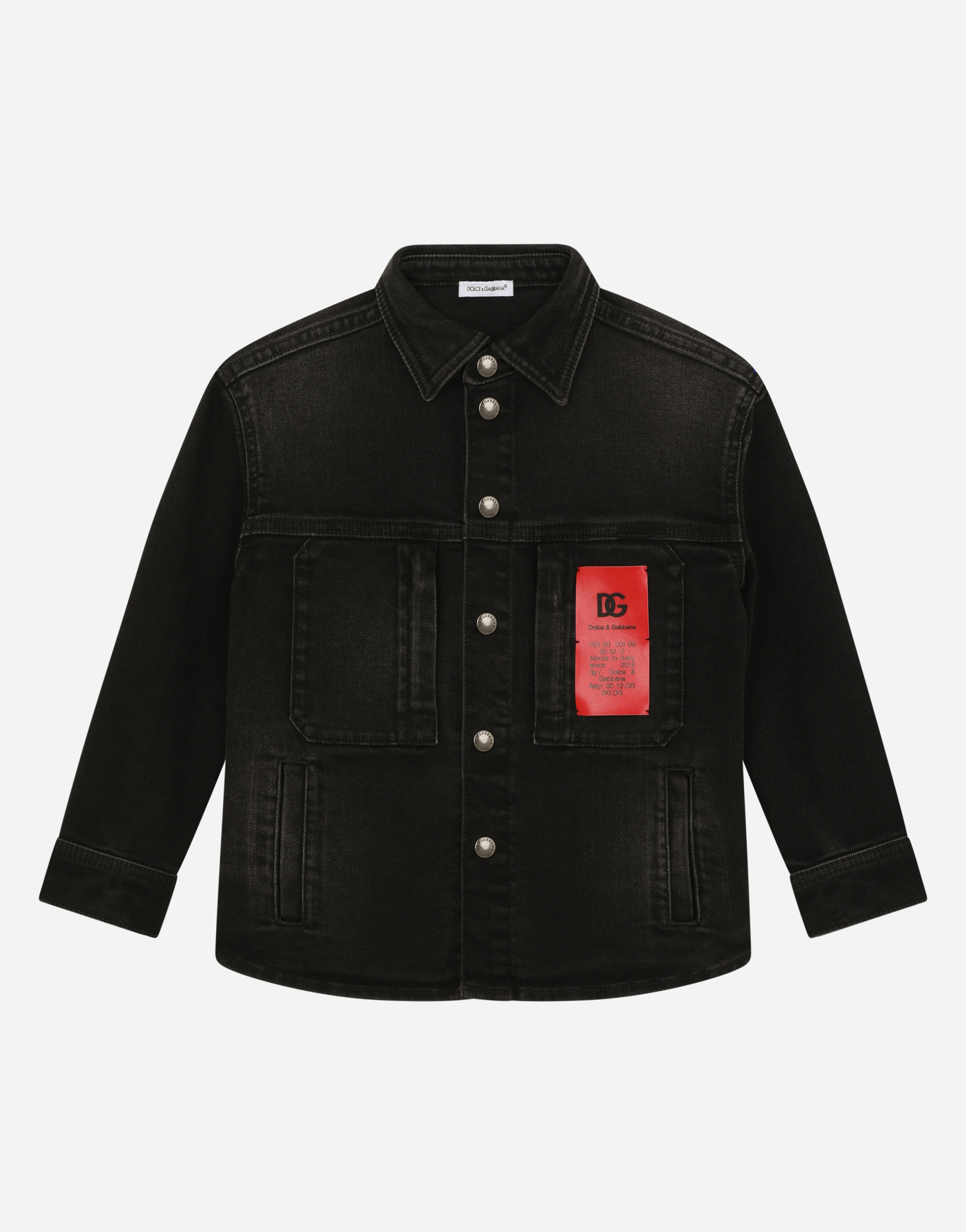 Stretch black denim shirt with logo patch in Black