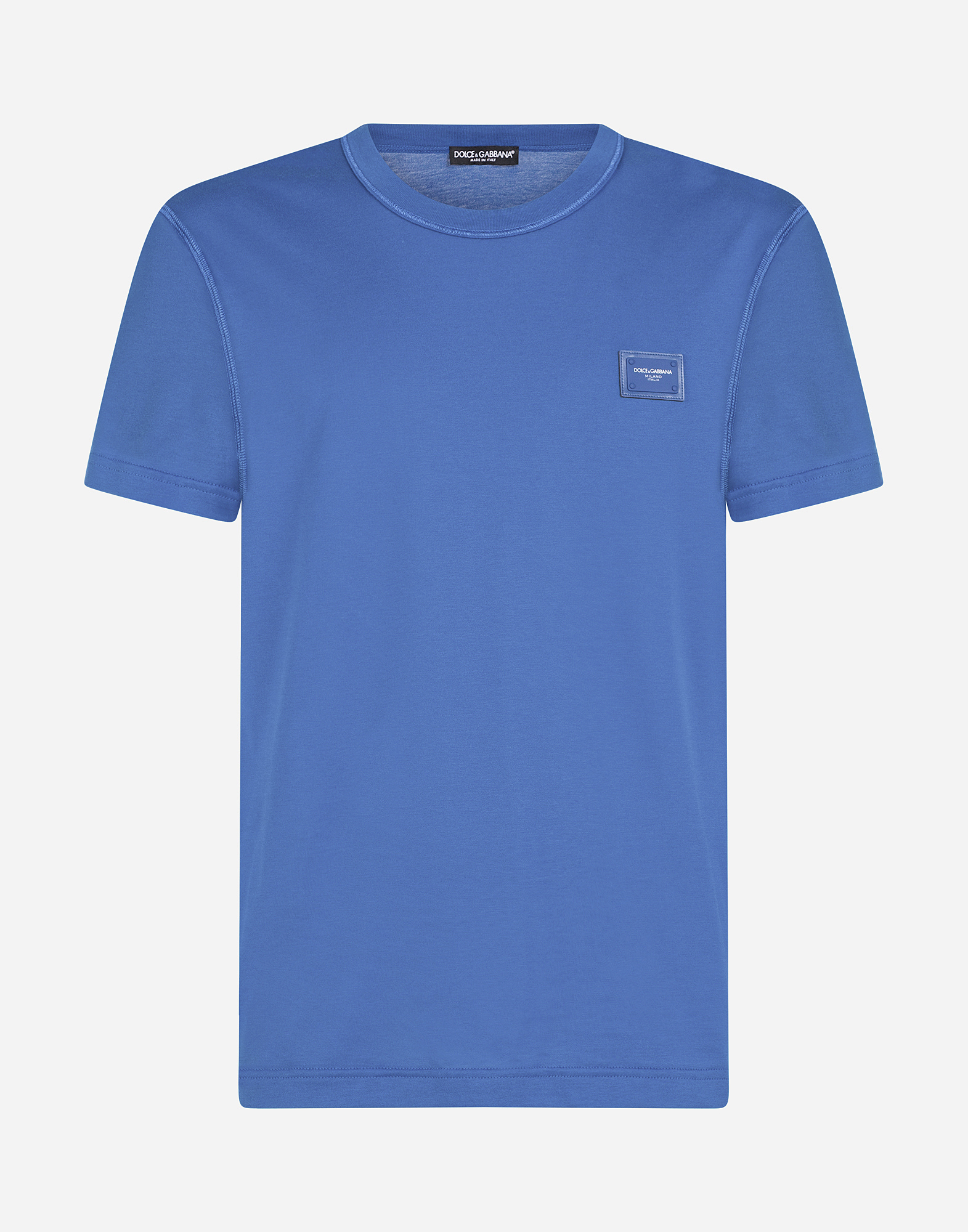 Cotton V-neck T-shirt with branded plate in Turquoise