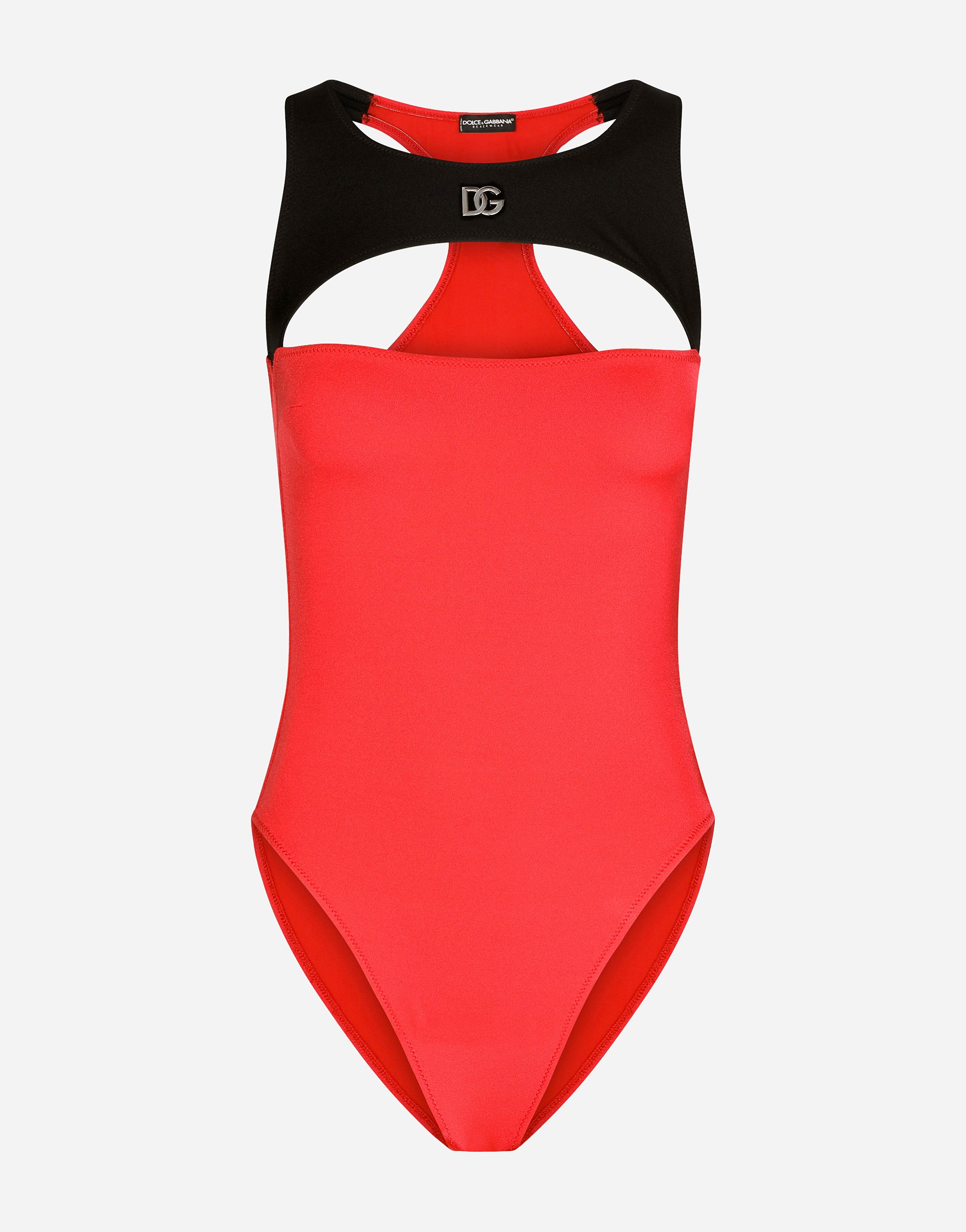 Two-tone racer-style one-piece swimsuit in Red