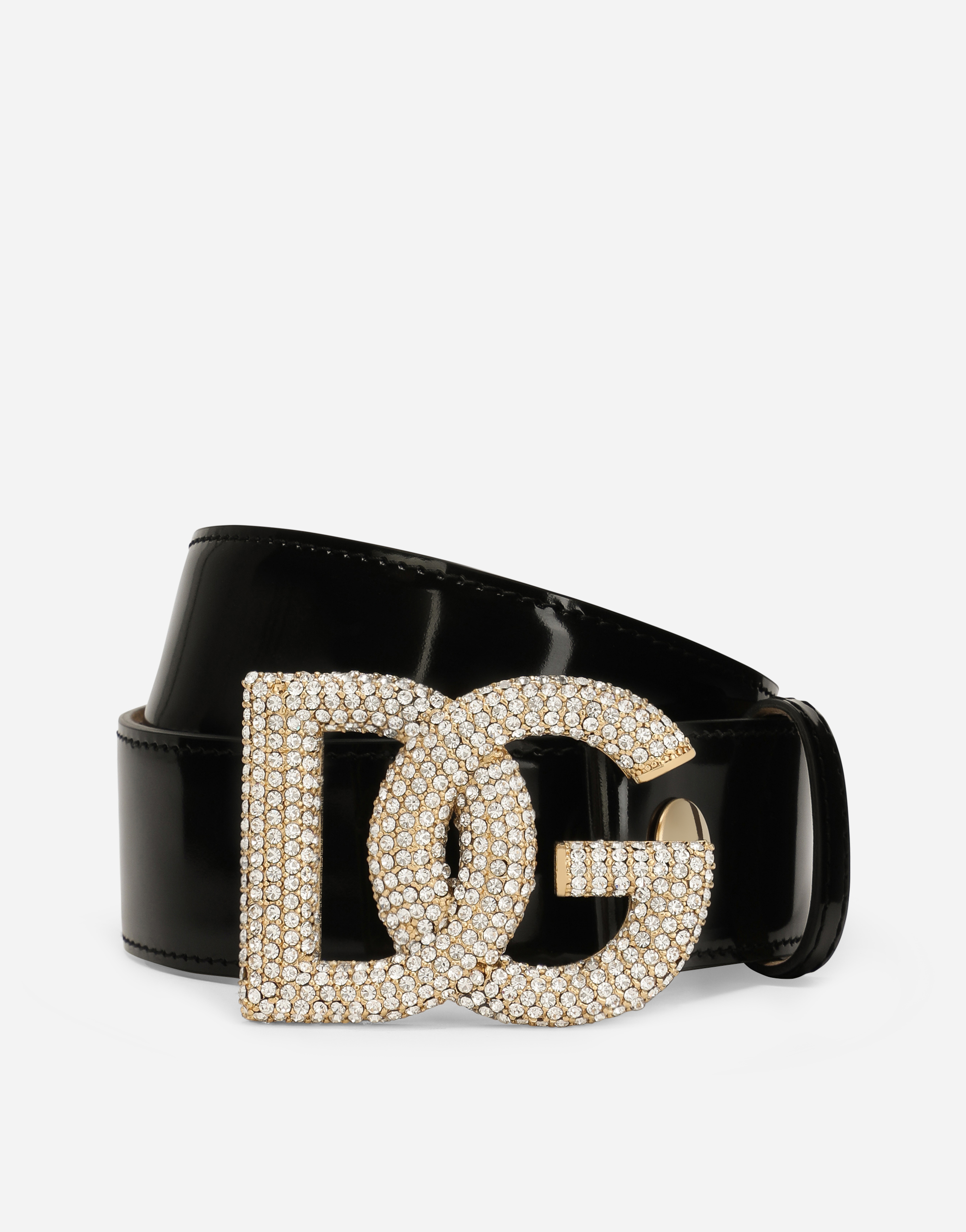 Polished calfskin belt with crystal DG logo in Black