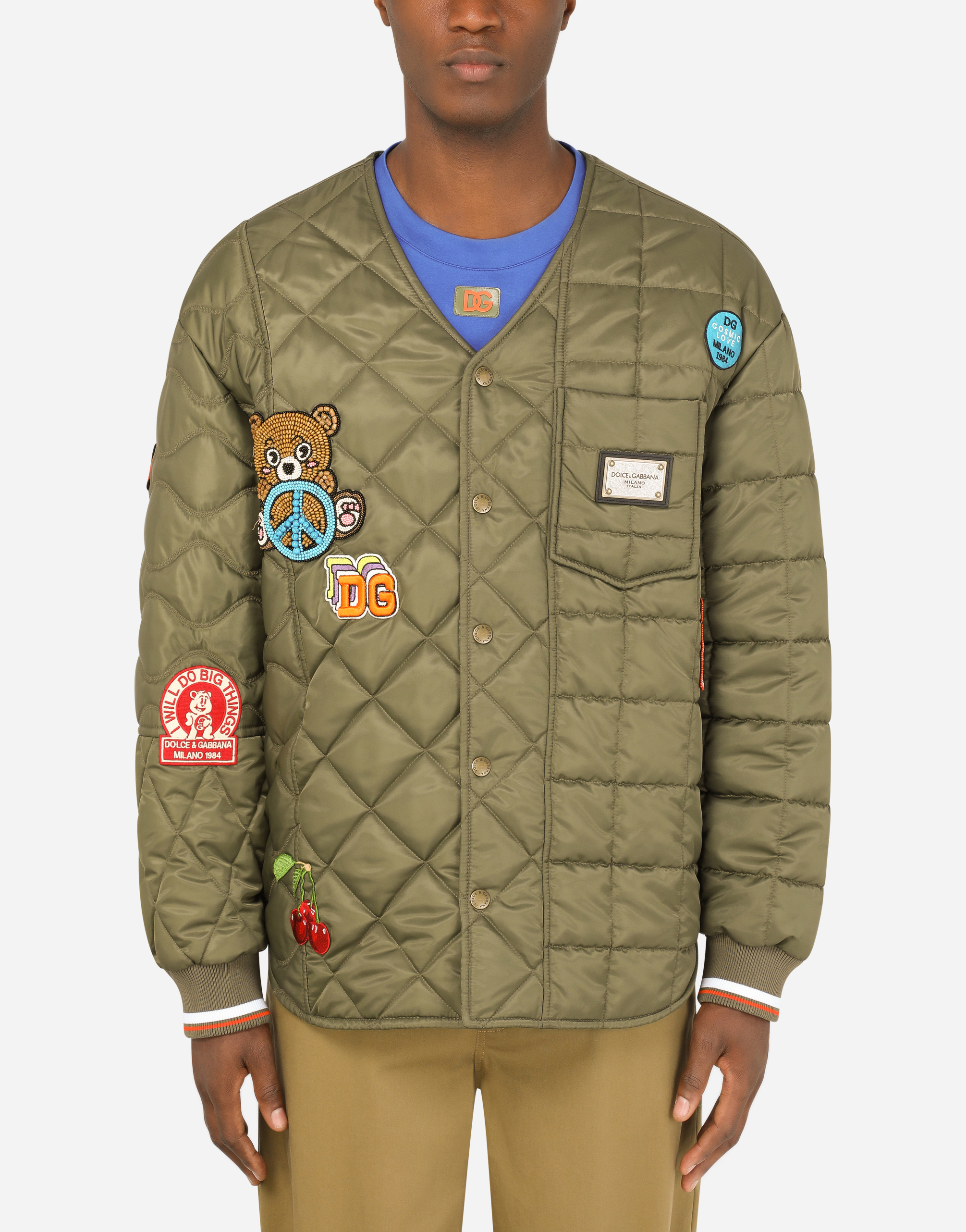 Quilted nylon jacket with multiple patches in Multicolor