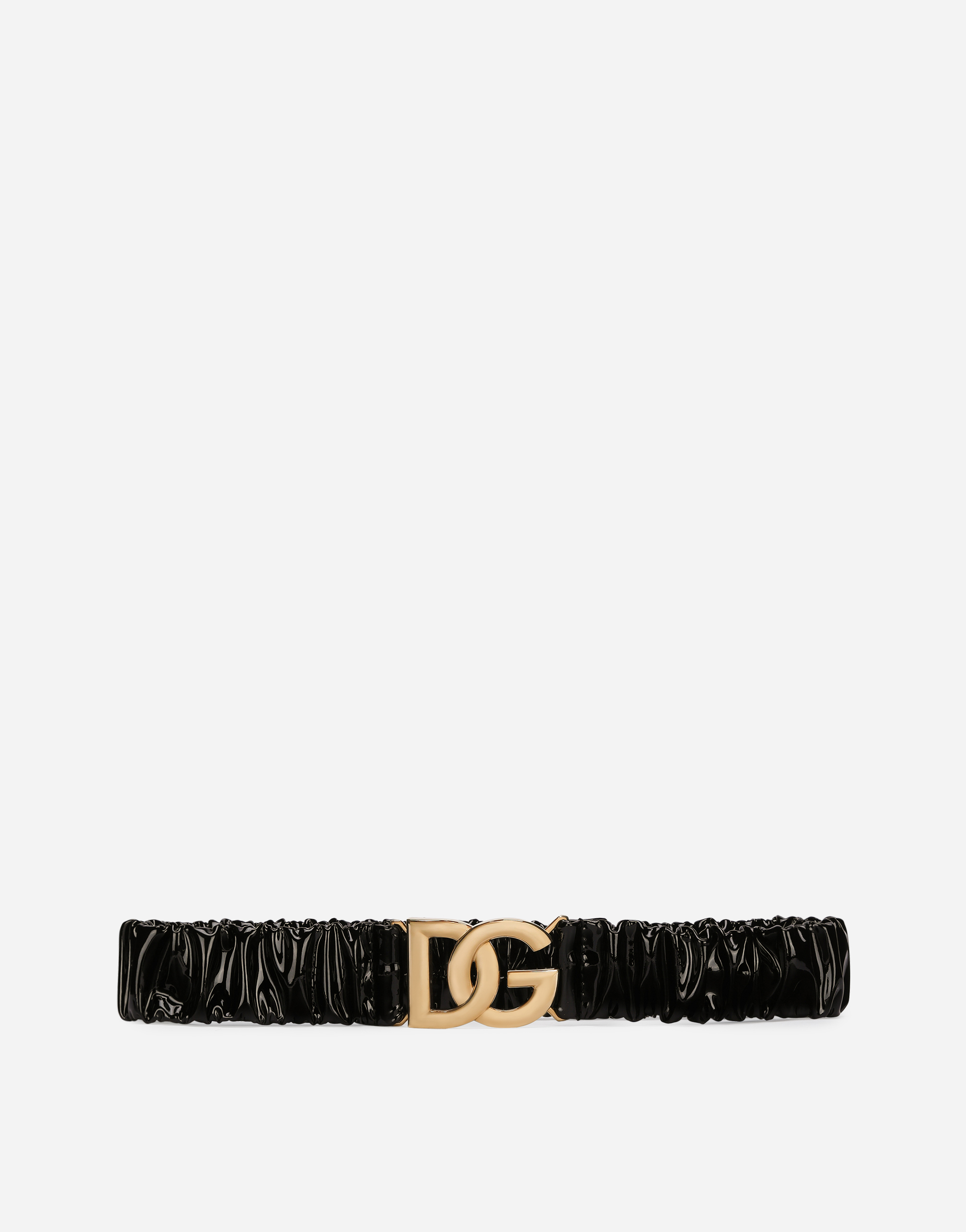 Elasticated and gathered patent leather belt with DG logo in Black