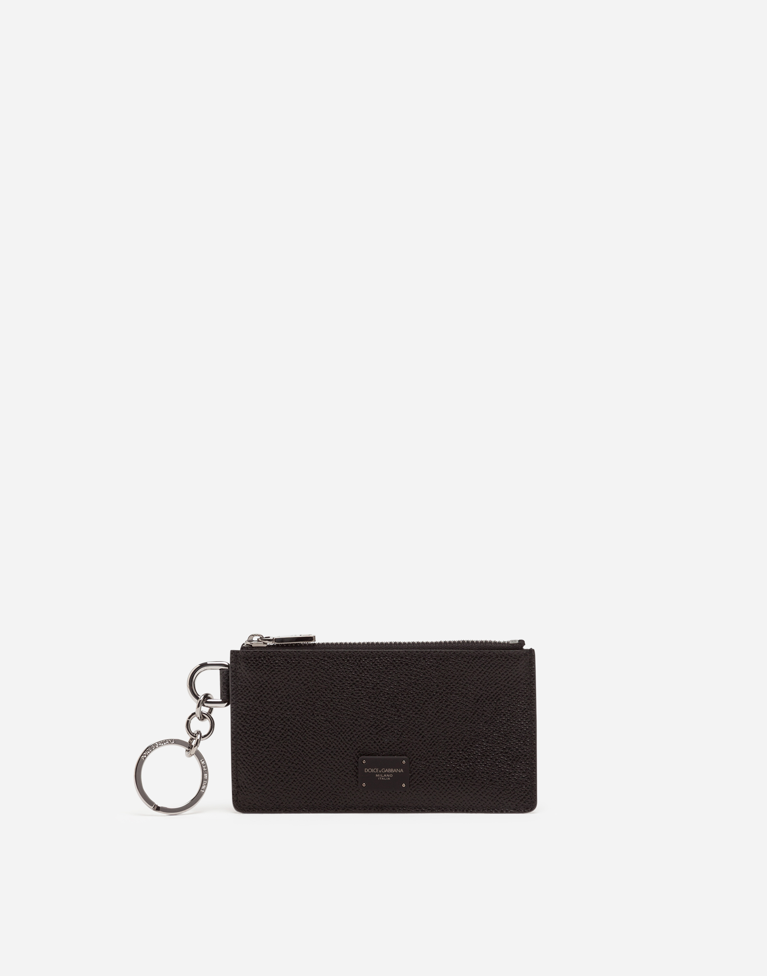 Dauphine calfskin card holder with ring branded plate in Black