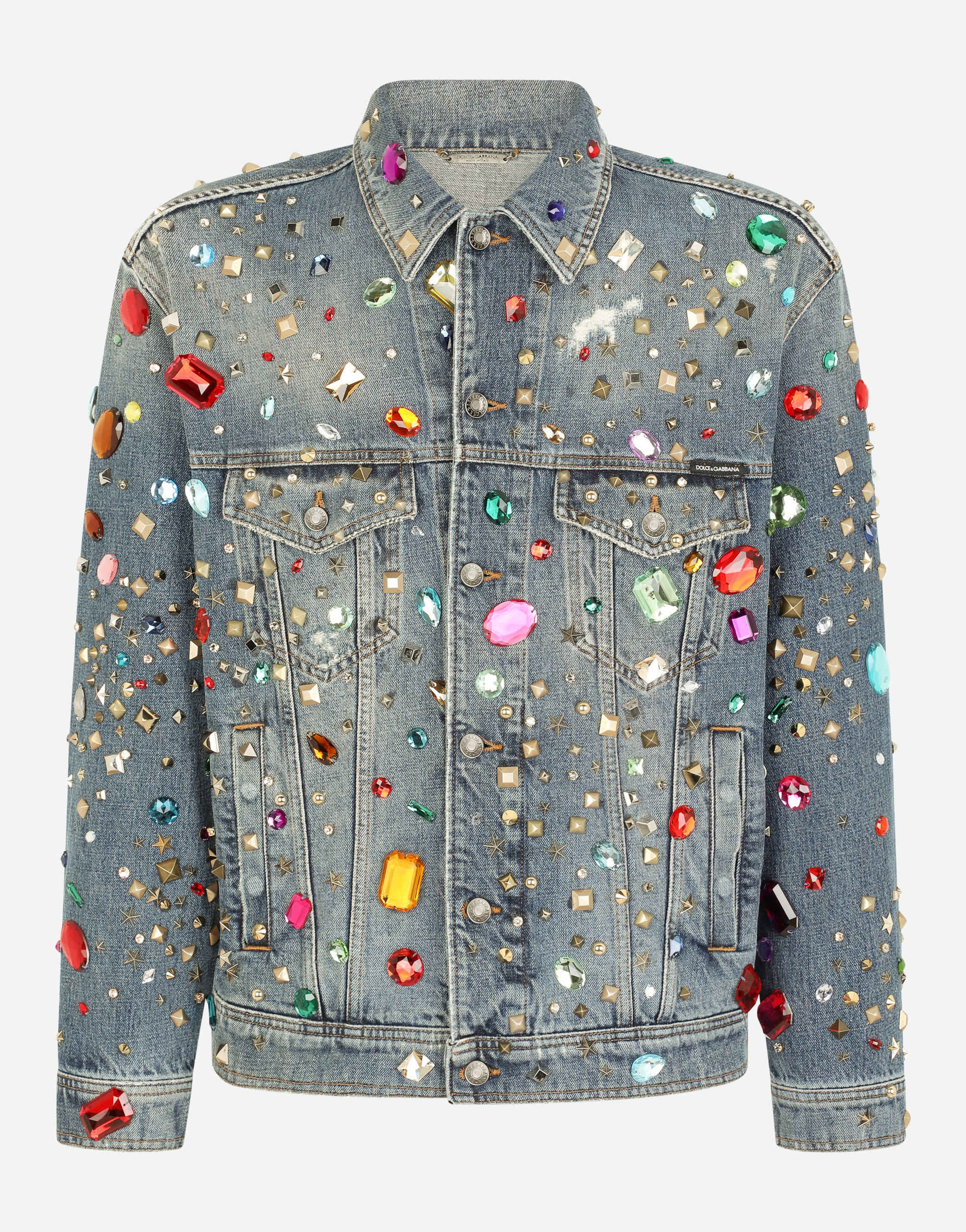 Oversize denim jacket with crystal and stud embellishment in Multicolor