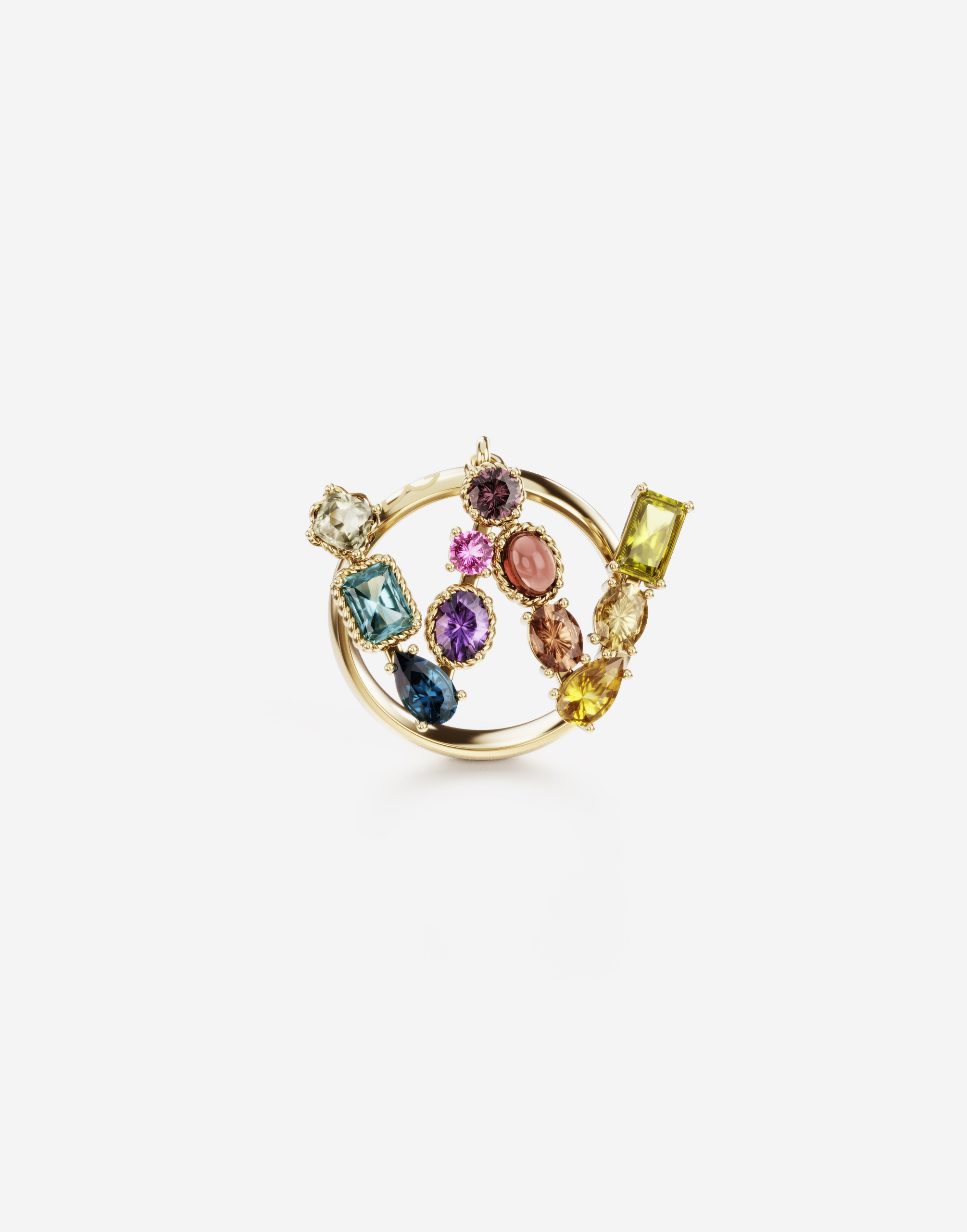 Rainbow alphabet W ring in yellow gold with multicolor fine gems in Gold
