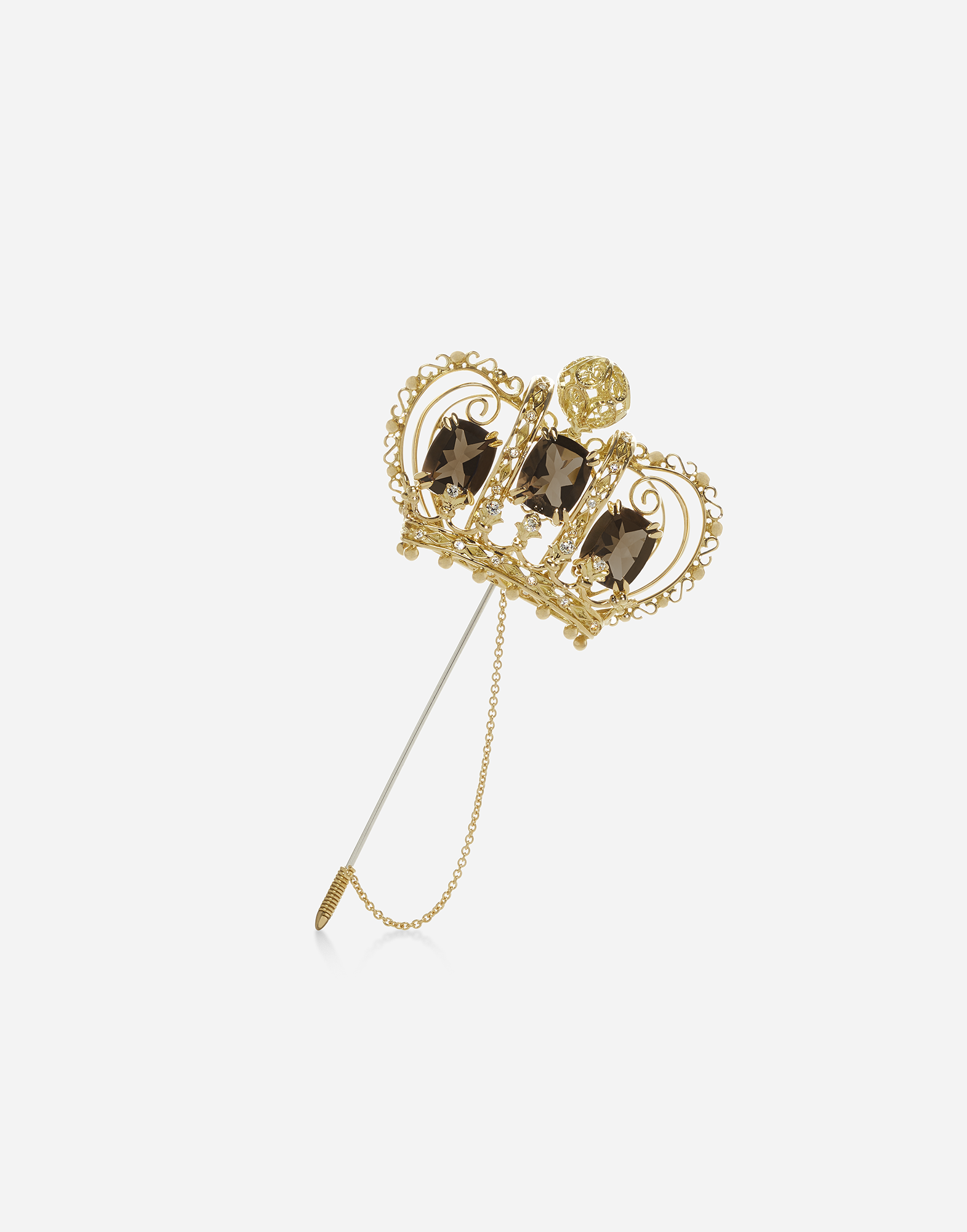 Crown brooch with quartzes and diamonds in Gold