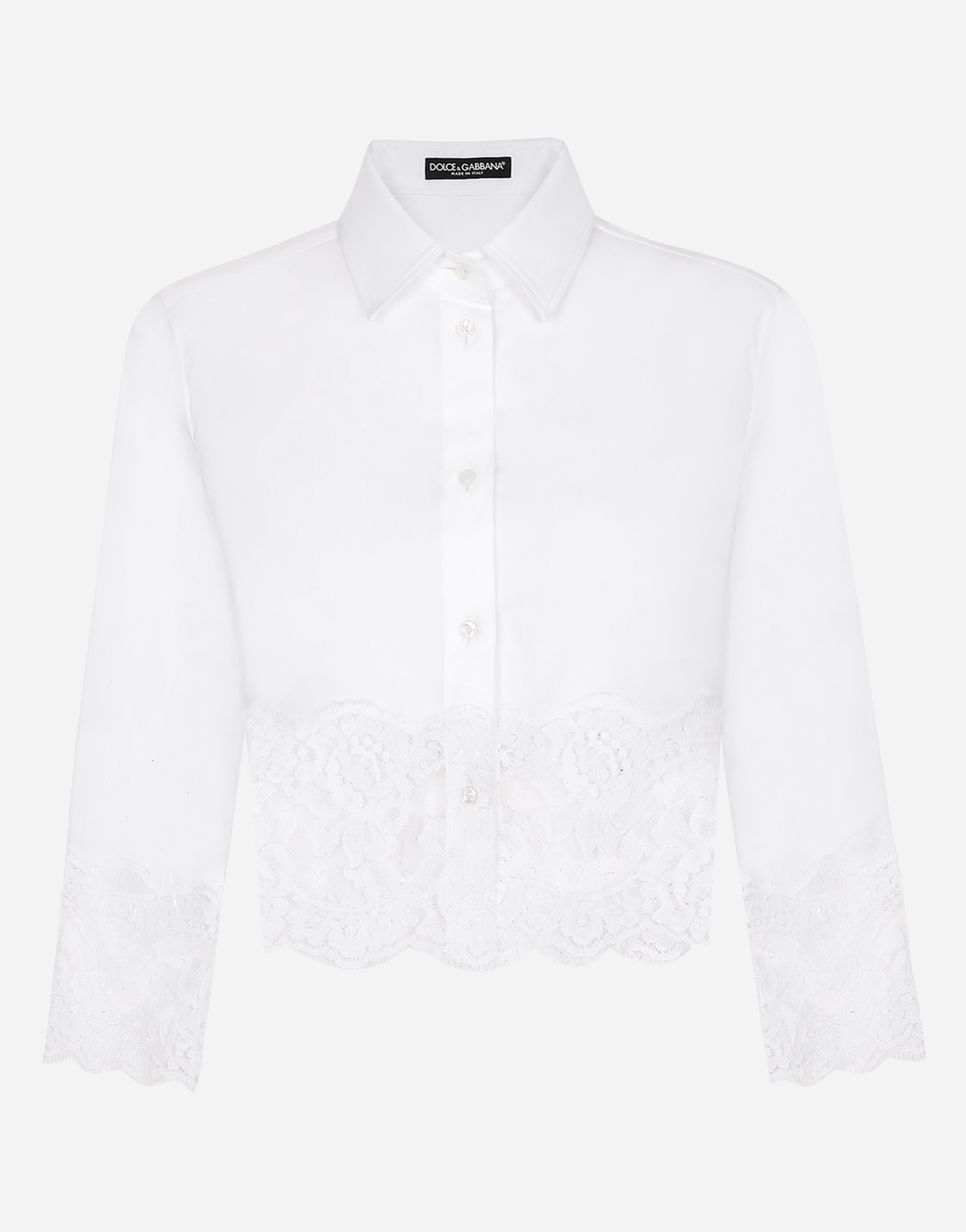 Cropped poplin shirt with lace inserts in White