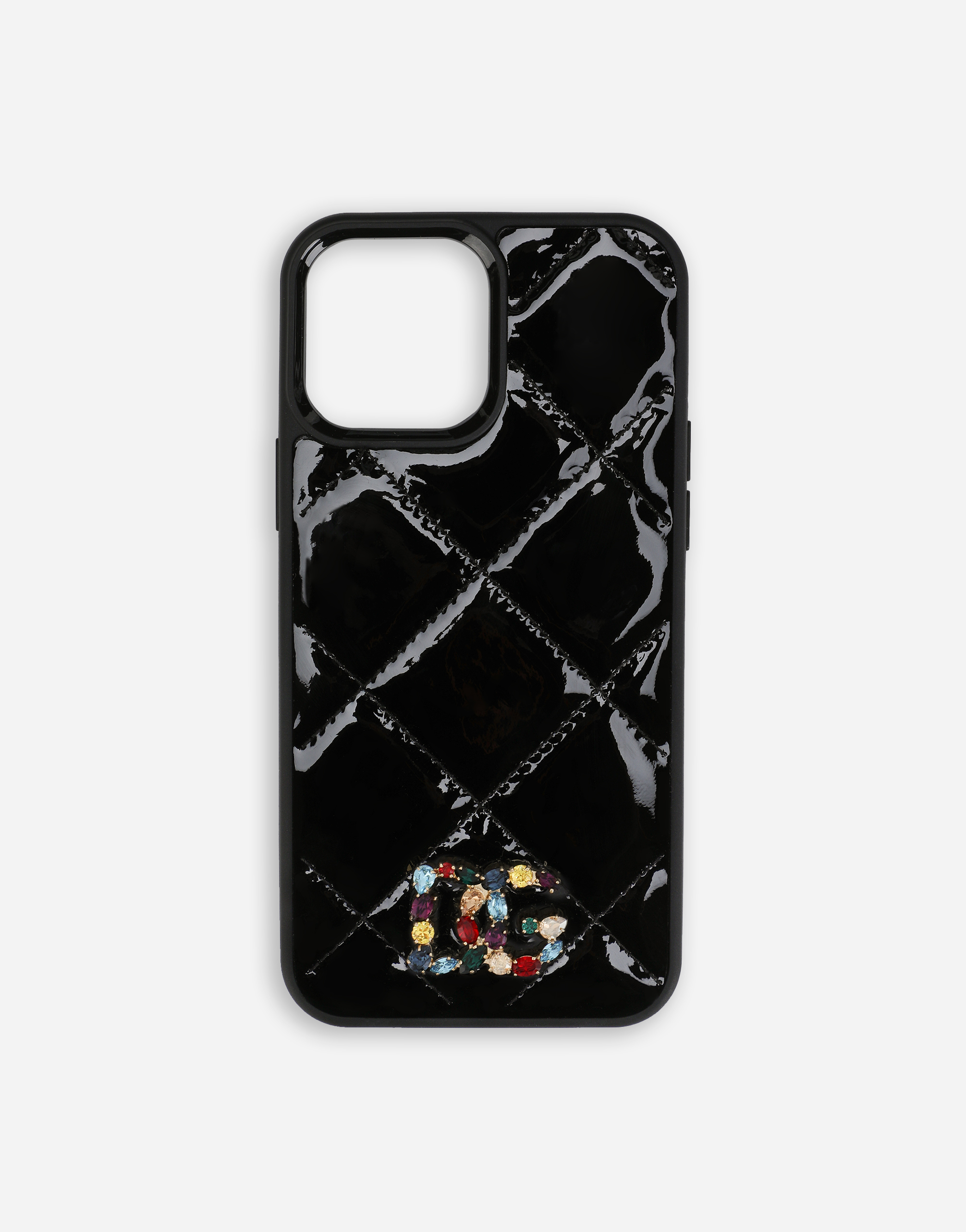 Patent leather iPhone 13 cover with rhinestone-detailed DG logo in Black
