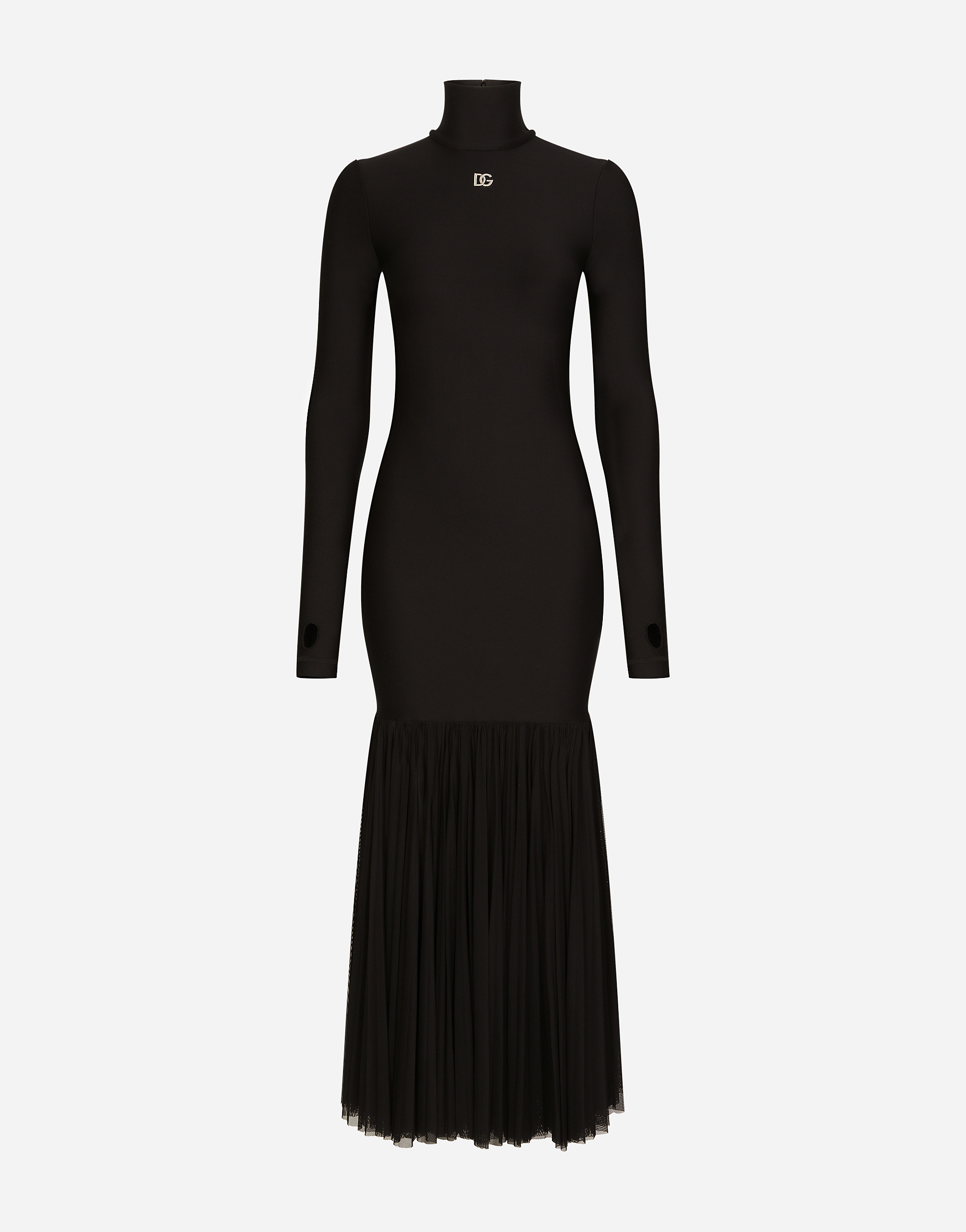Technical jersey dress with tulle ruffle in Black