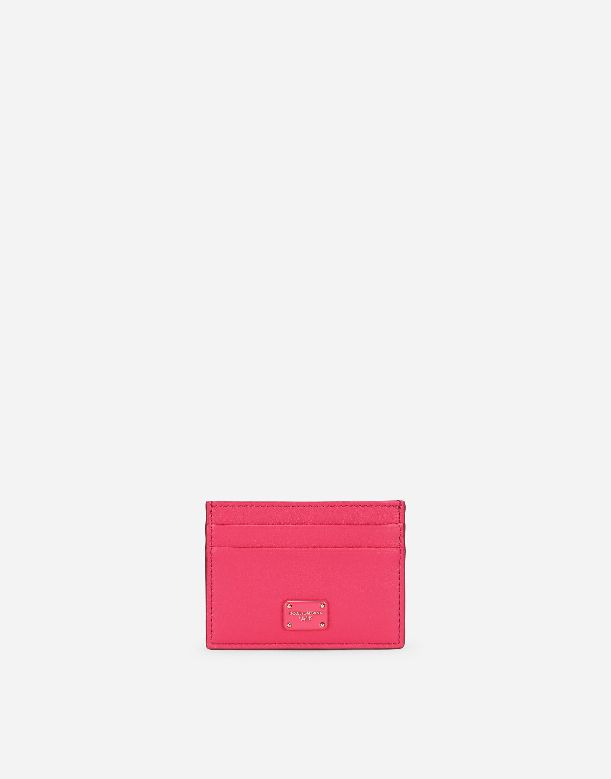 Calfskin card holder with branded plate in Fuchsia