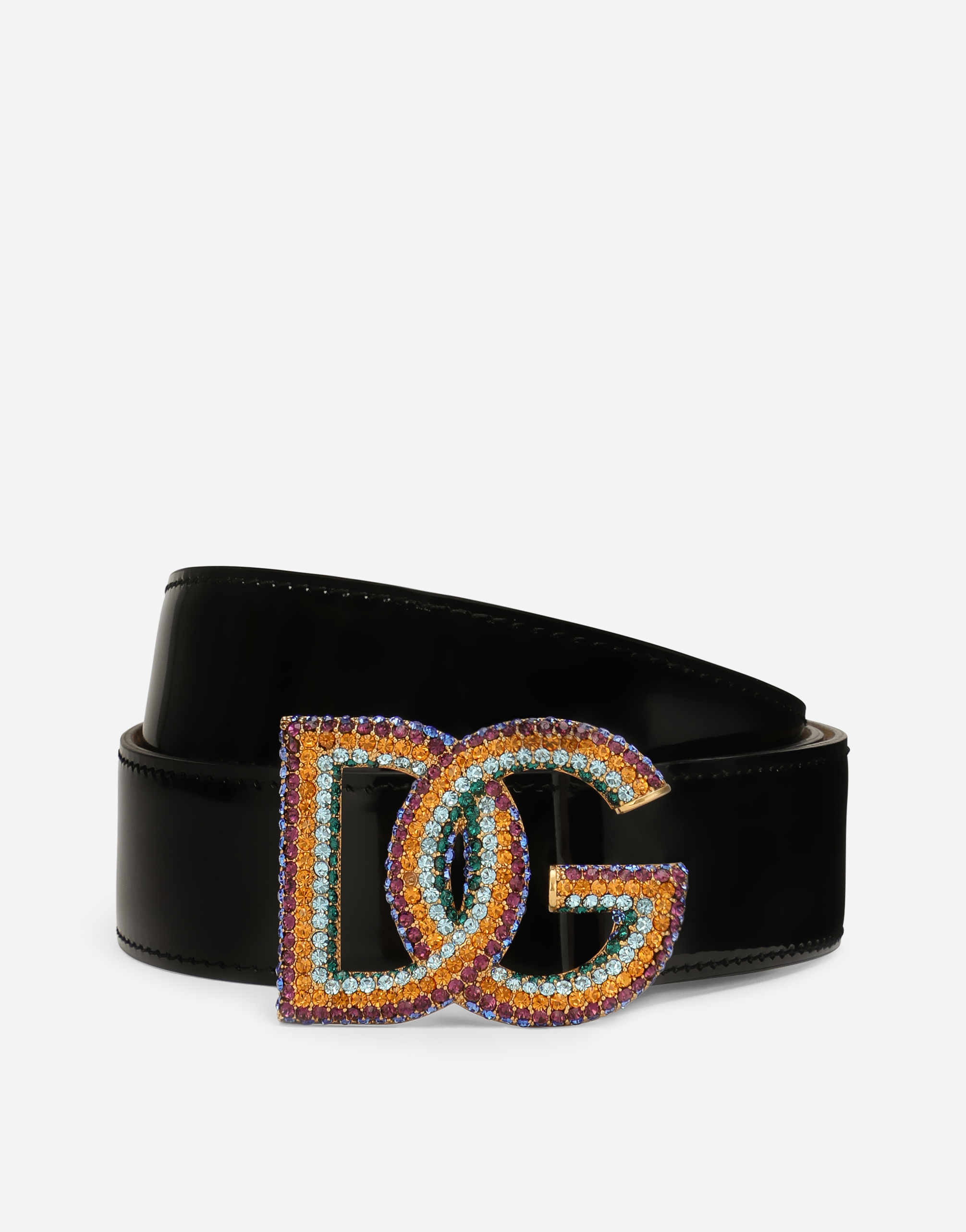 Polished calfskin belt with crystal DG logo in Multicolor
