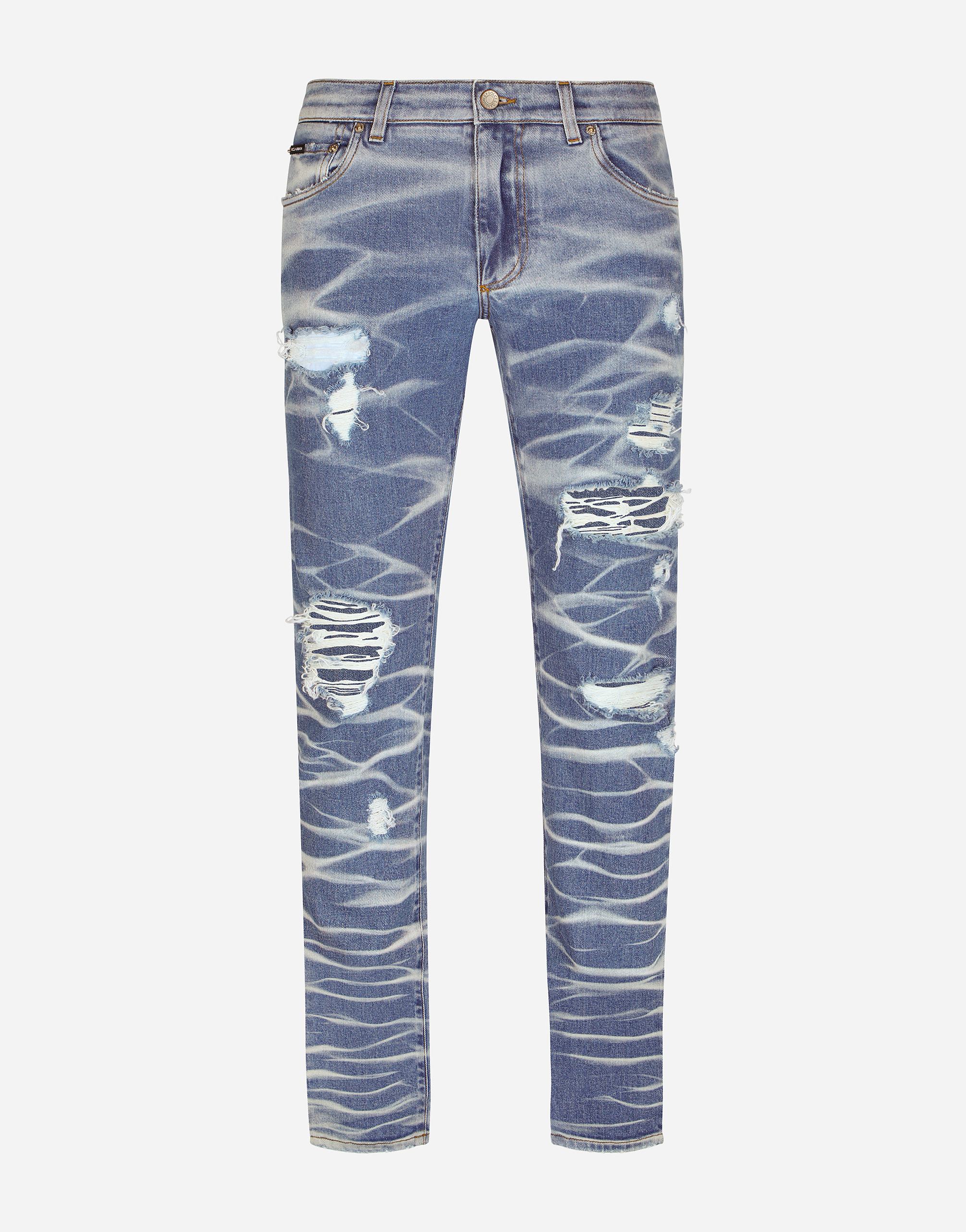 Light blue wash slim-fit stretch jeans with rips in Multicolor