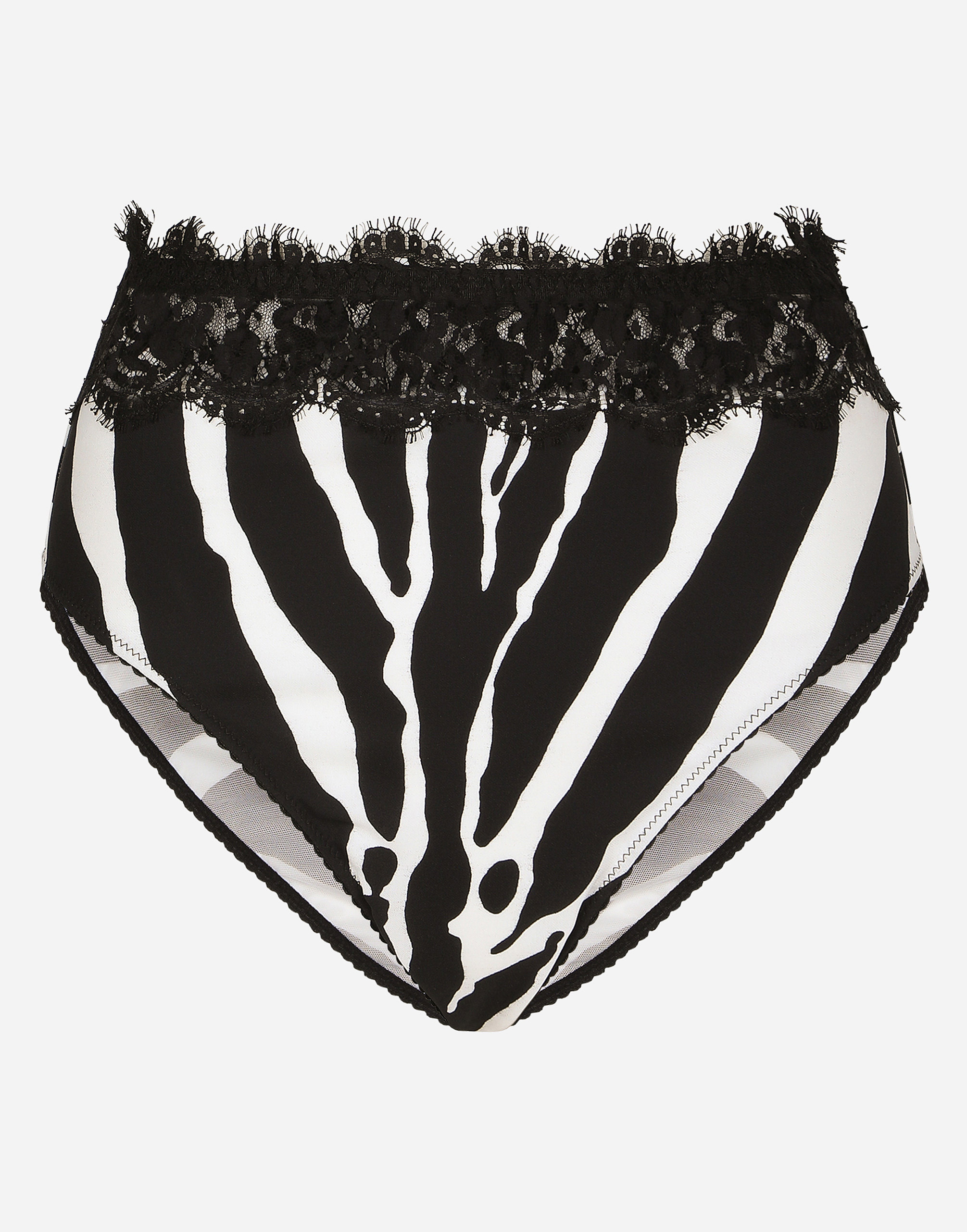 High-waisted panties in zebra-print charmeuse and lace in Multicolor