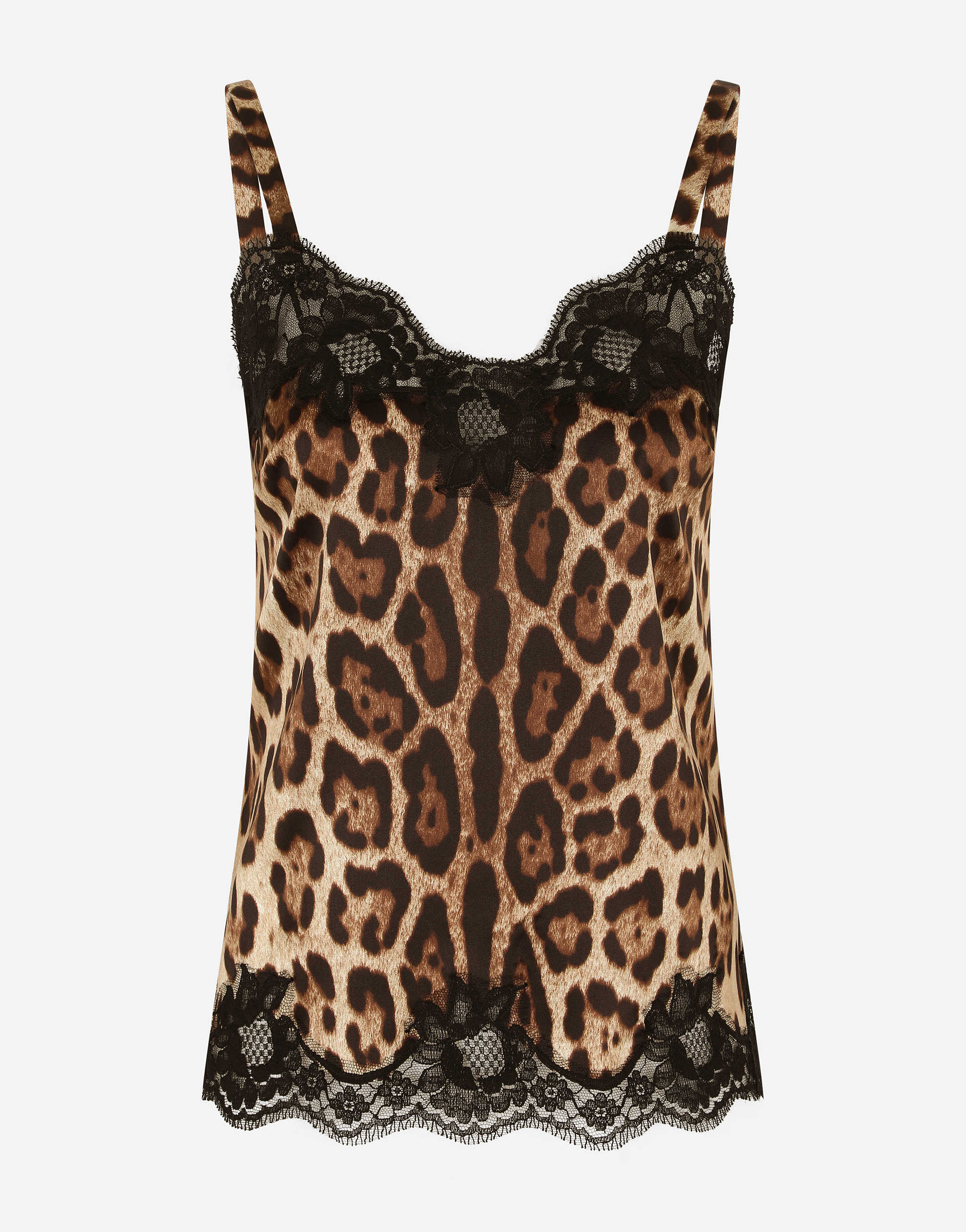 Leopard-print satin lingerie-style top with lace detailing in Multicolor