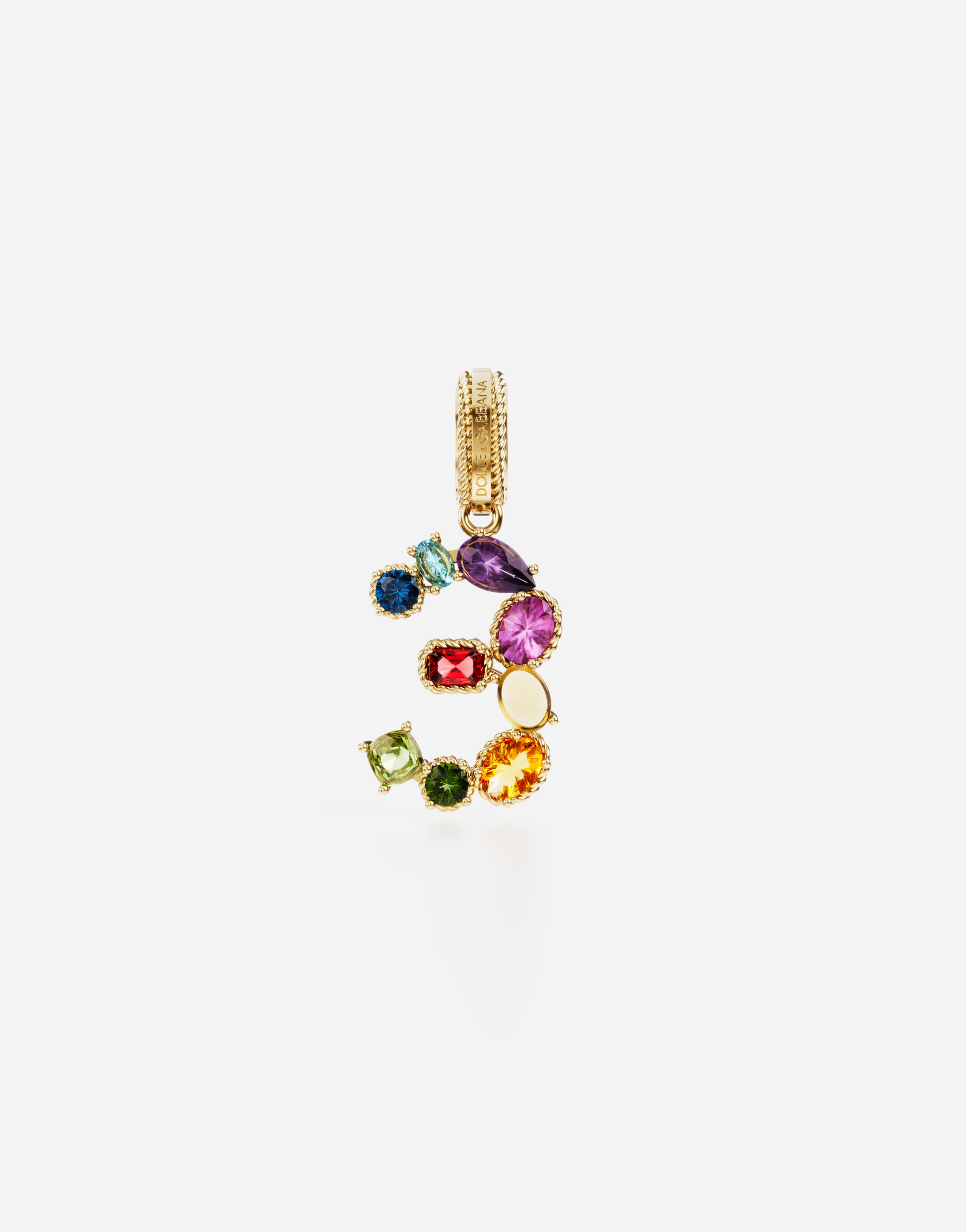 18 kt yellow gold rainbow pendant  with multicolor finegemstones representing number 3 in Yellow gold