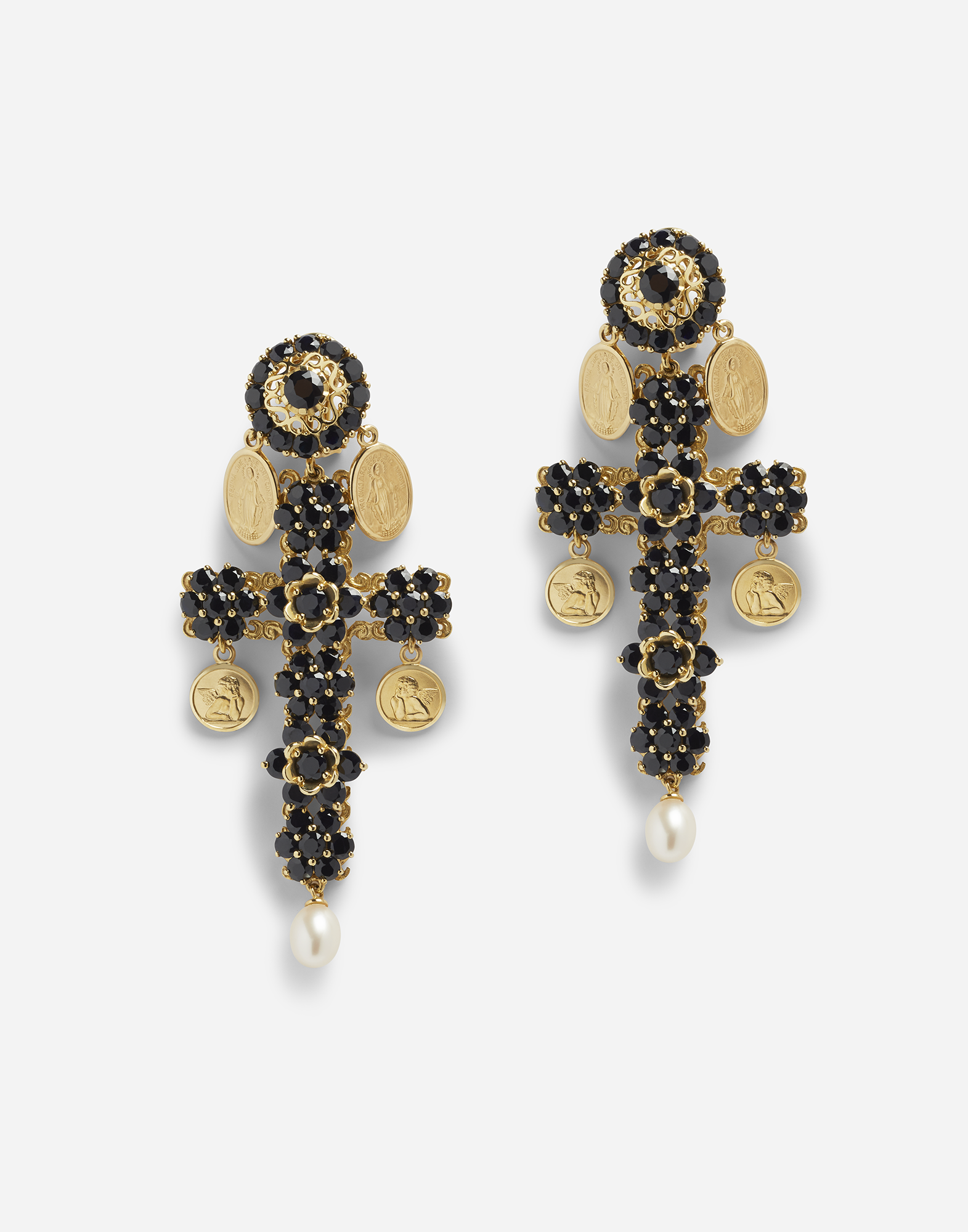 Cross earrings with sapphires and medallions in Gold/Black