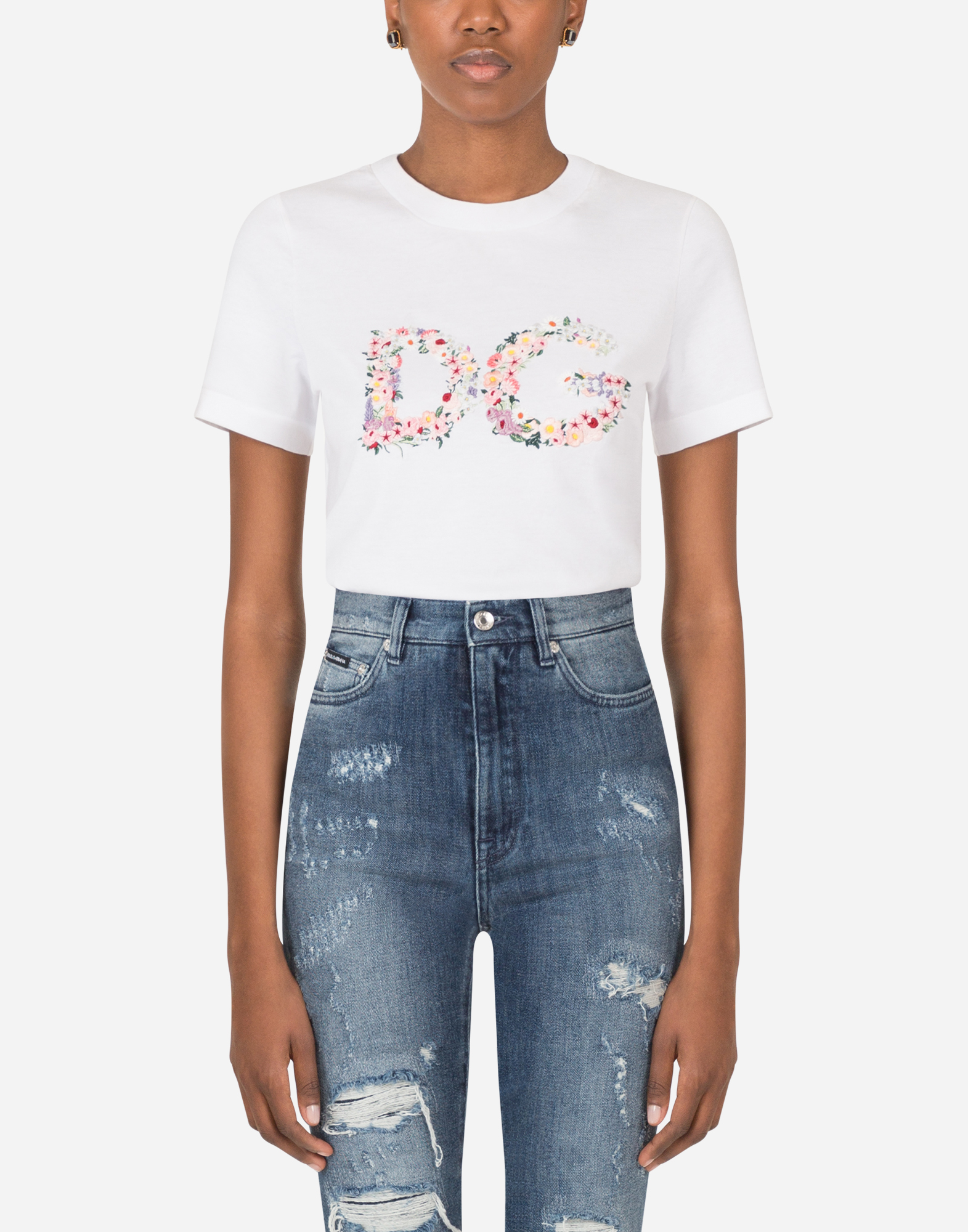 Jersey t-shirt with DG floral embroidery in White