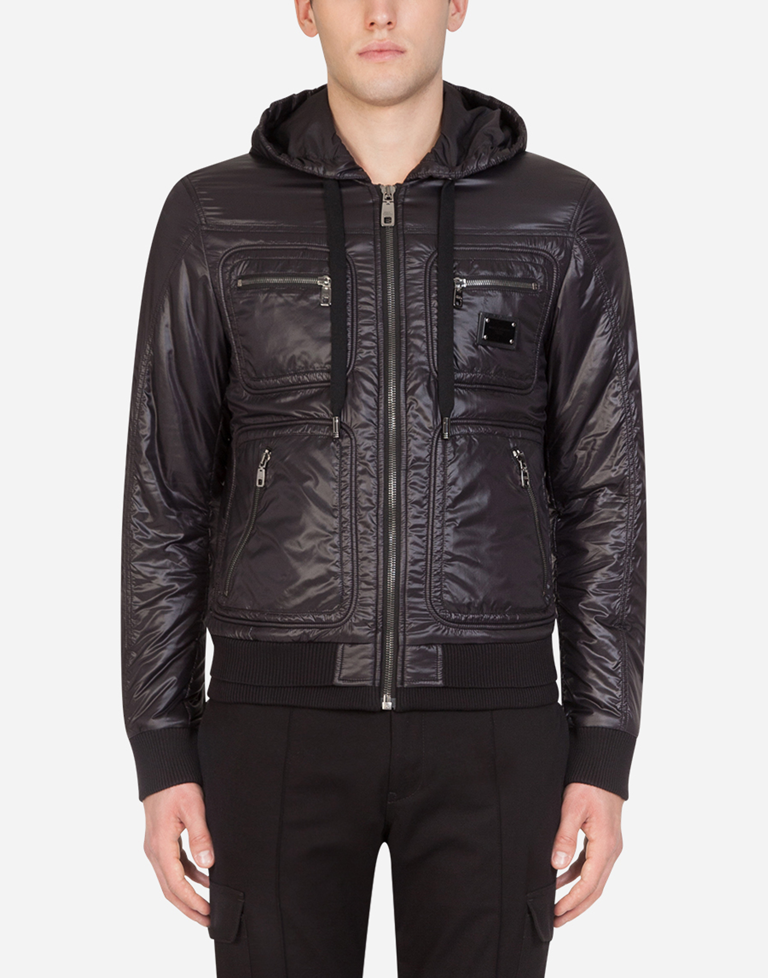 Nylon quilted jacket with hood and patch in Black