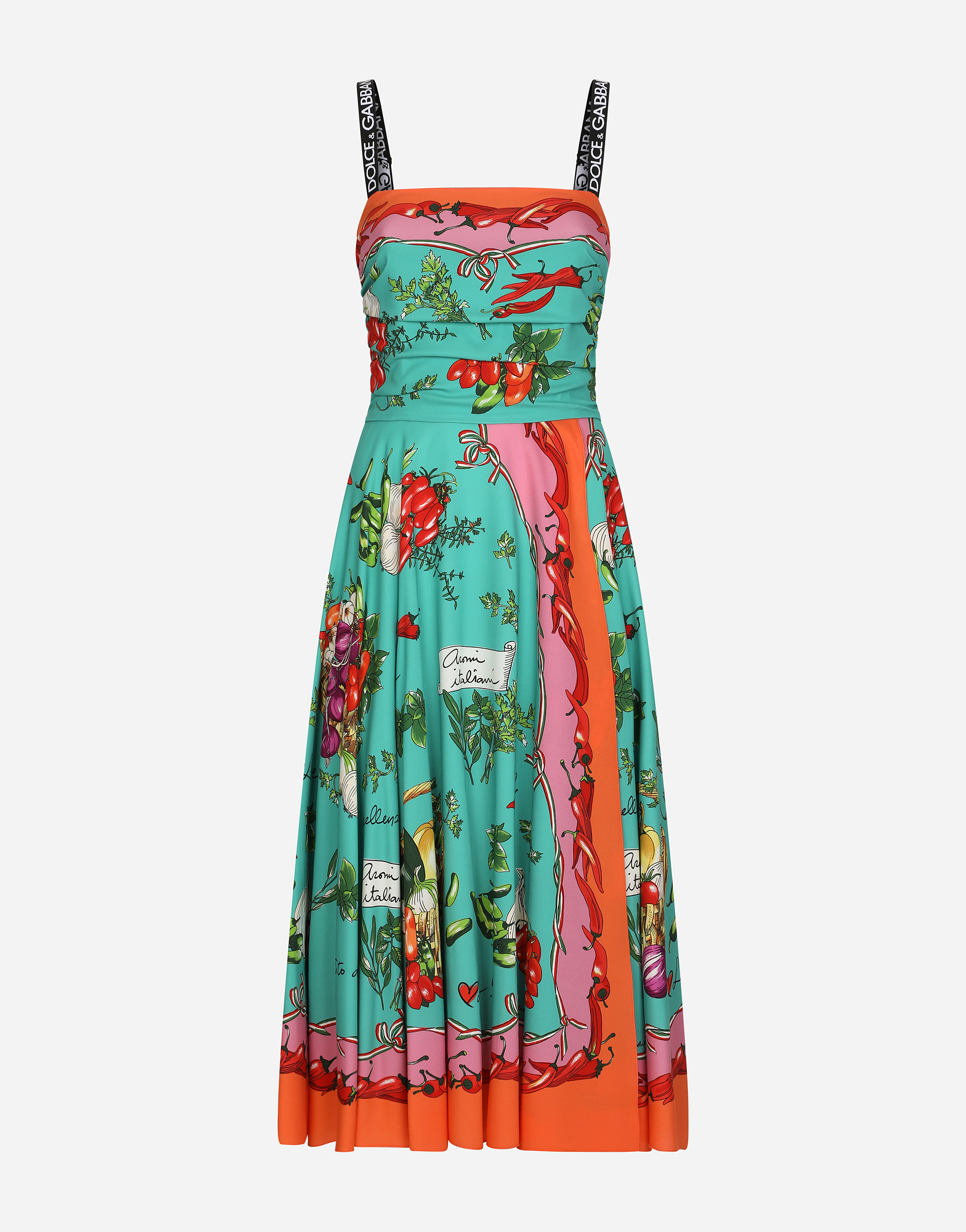 Calf-length scarf dress in vegetable-print charmeuse in Multicolor