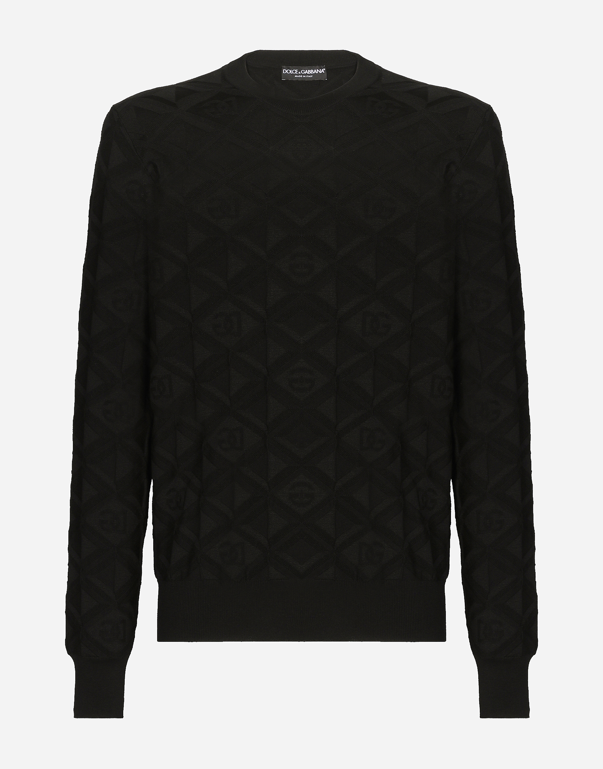 3D silk jacquard round-neck sweater in Black