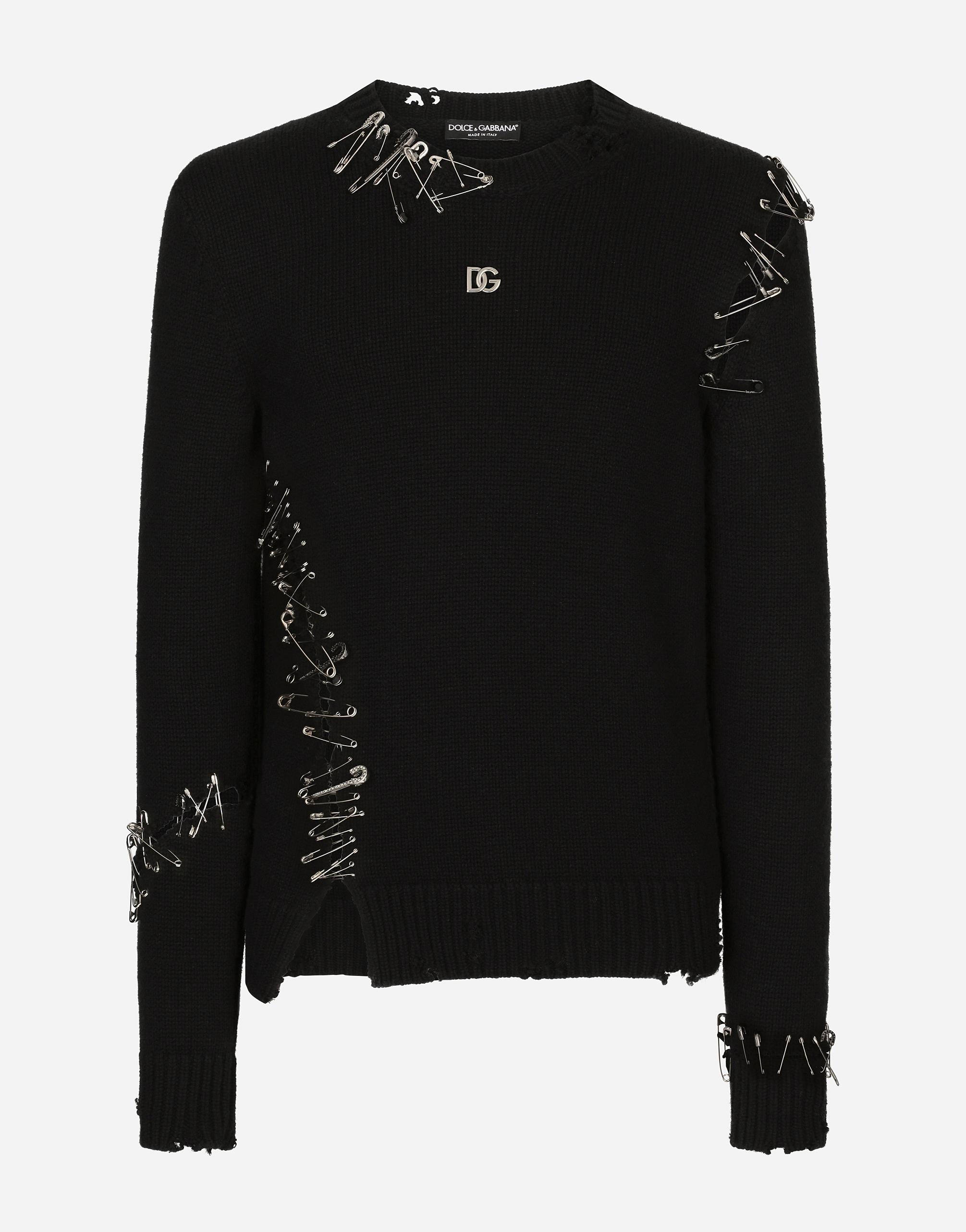 Round-neck cashmere sweater with DG patch and safety pins in Black