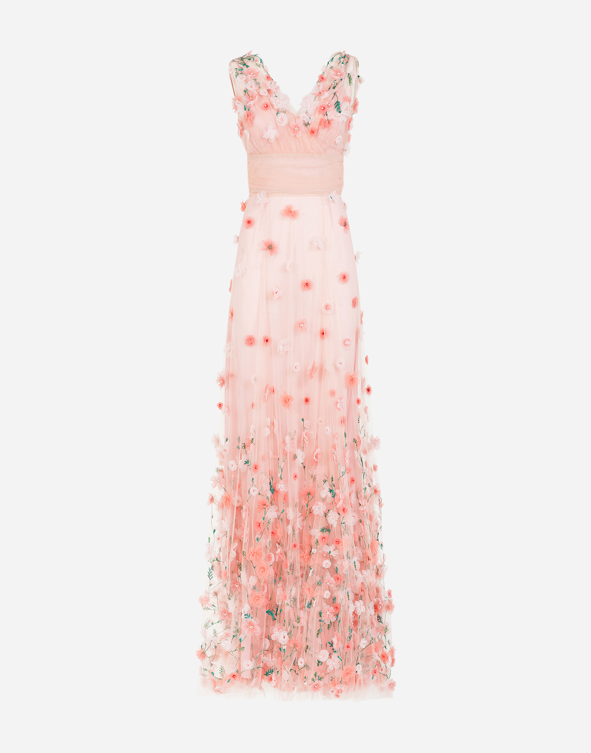 Long dress in tulle with sequins and mini hand-embroidered flowers in Multicolor