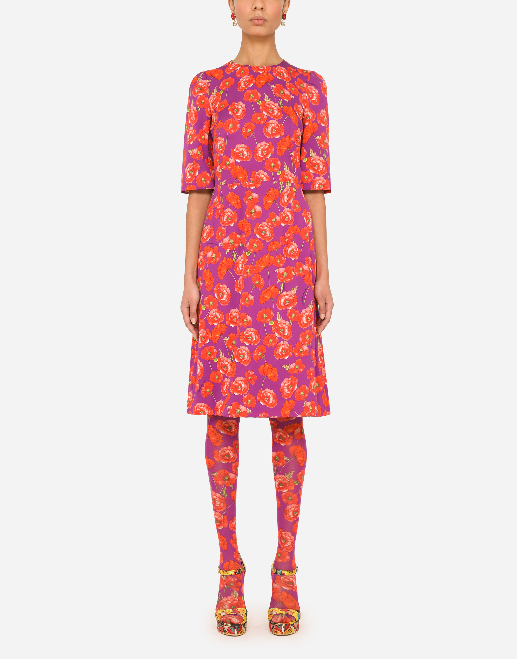 Poppy-print charmeuse midi dress in Multicolor