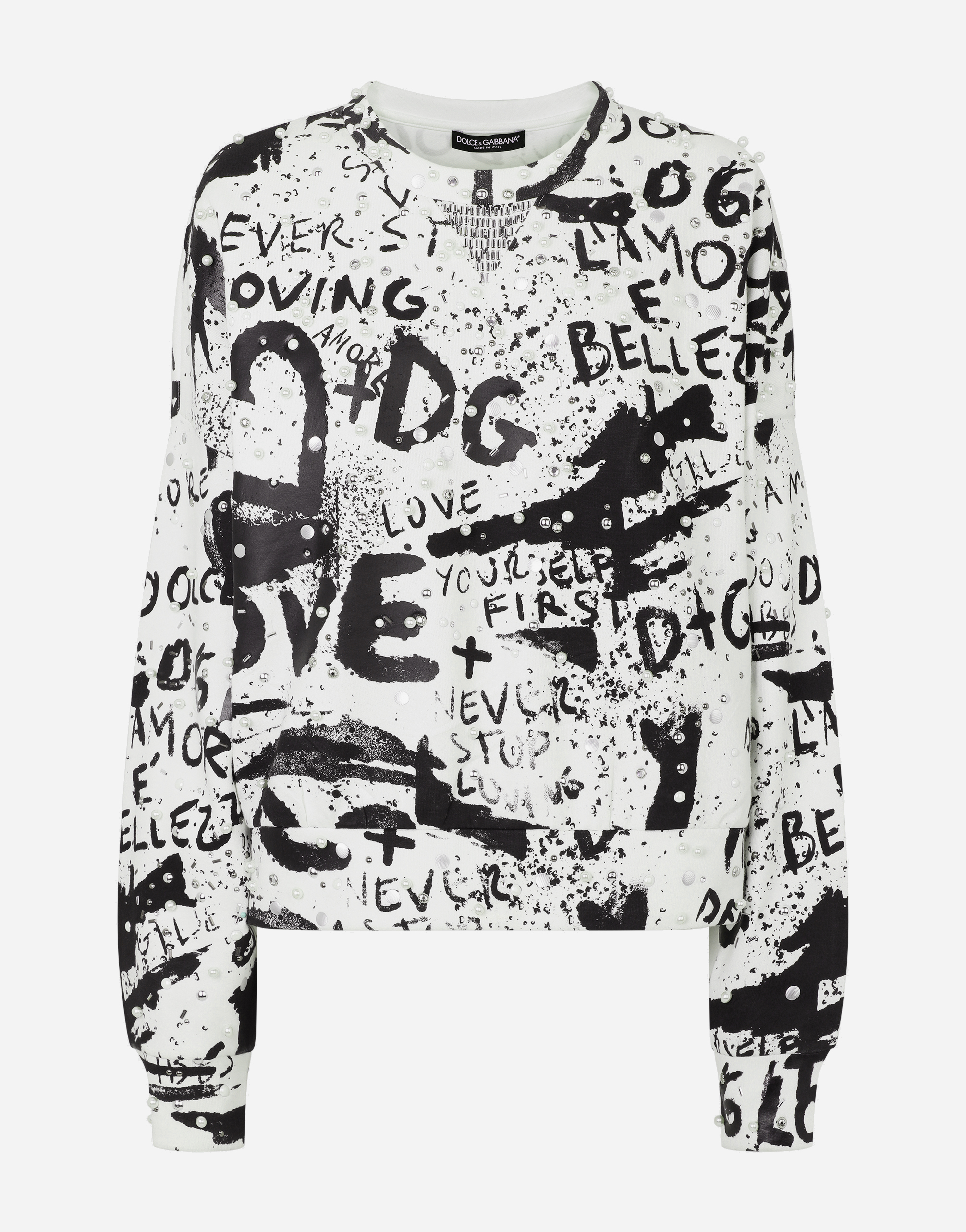 Jersey sweatshirt with DG graffiti print with pearl and stud embellishment in Multicolor
