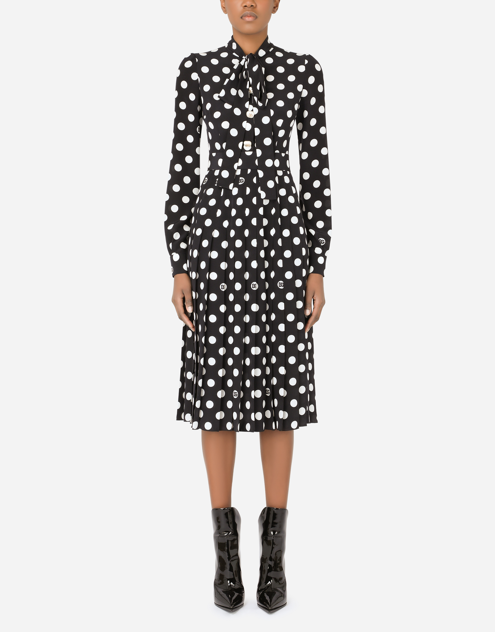 Crepe de chine midi dress with polka-dot print with pleated skirt and pearl DG embellishment in Multicolor