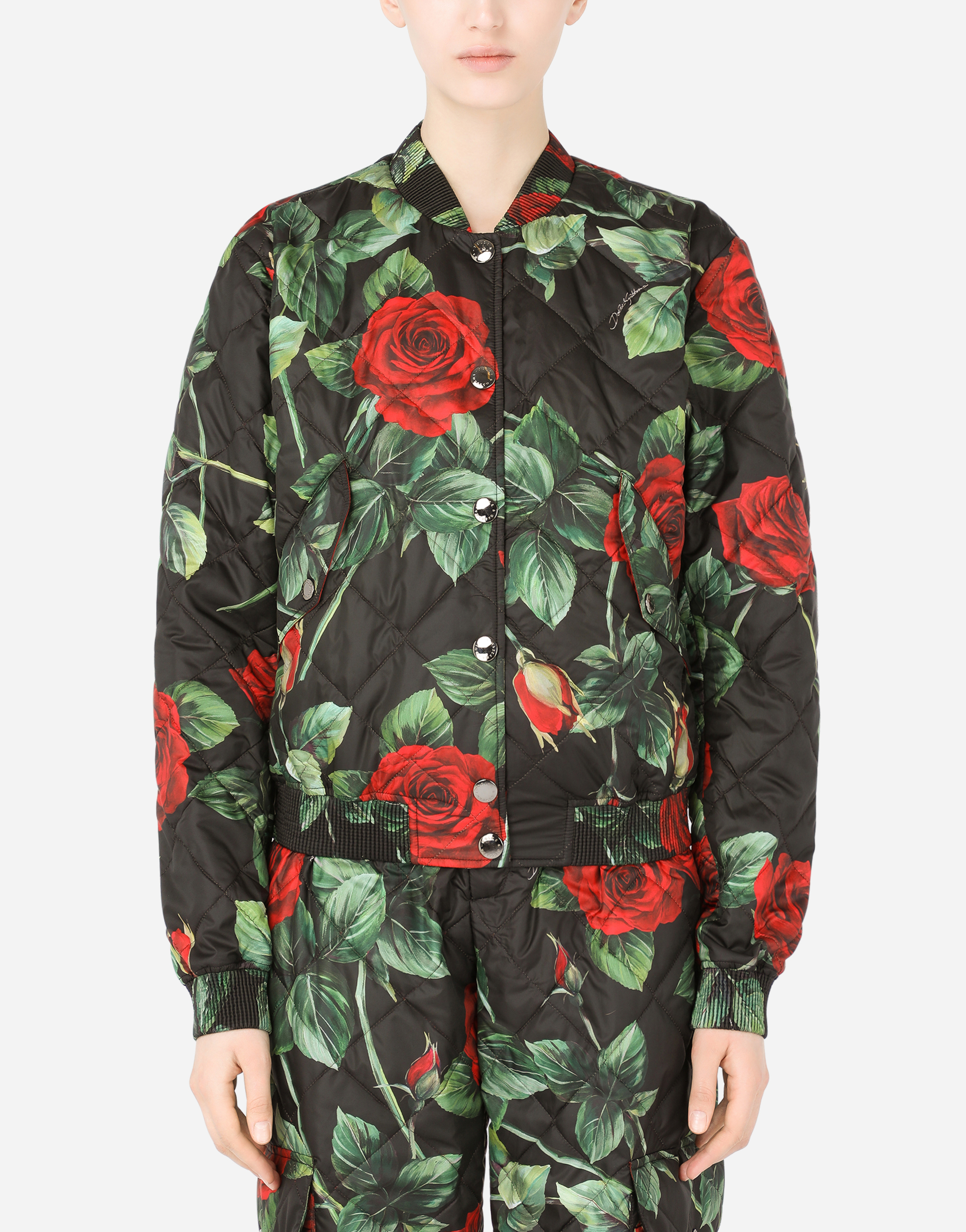 Rose-print quilted nylon bomber jacket in Multicolor