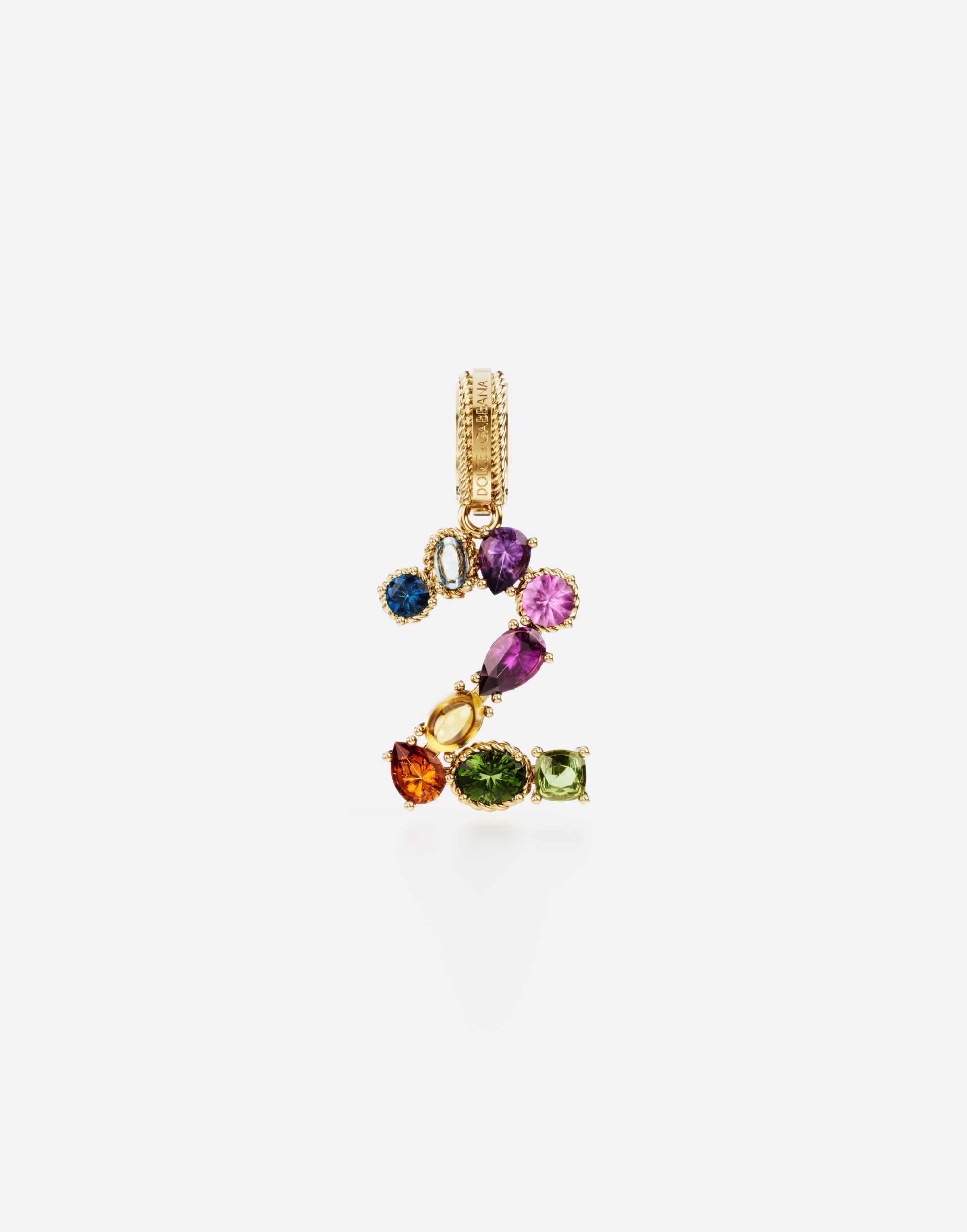 18 kt yellow gold rainbow pendant  with multicolor finegemstones representing number 2 in Yellow gold