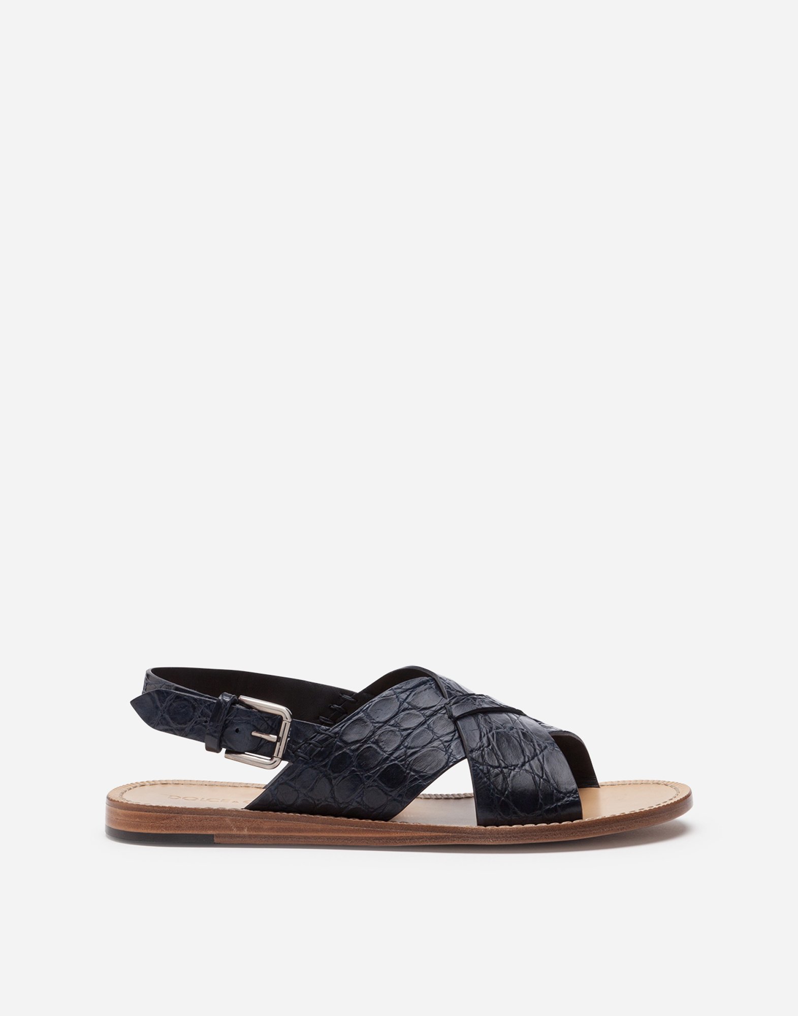 Hand-polished crocodile flank leather sandals in Blue