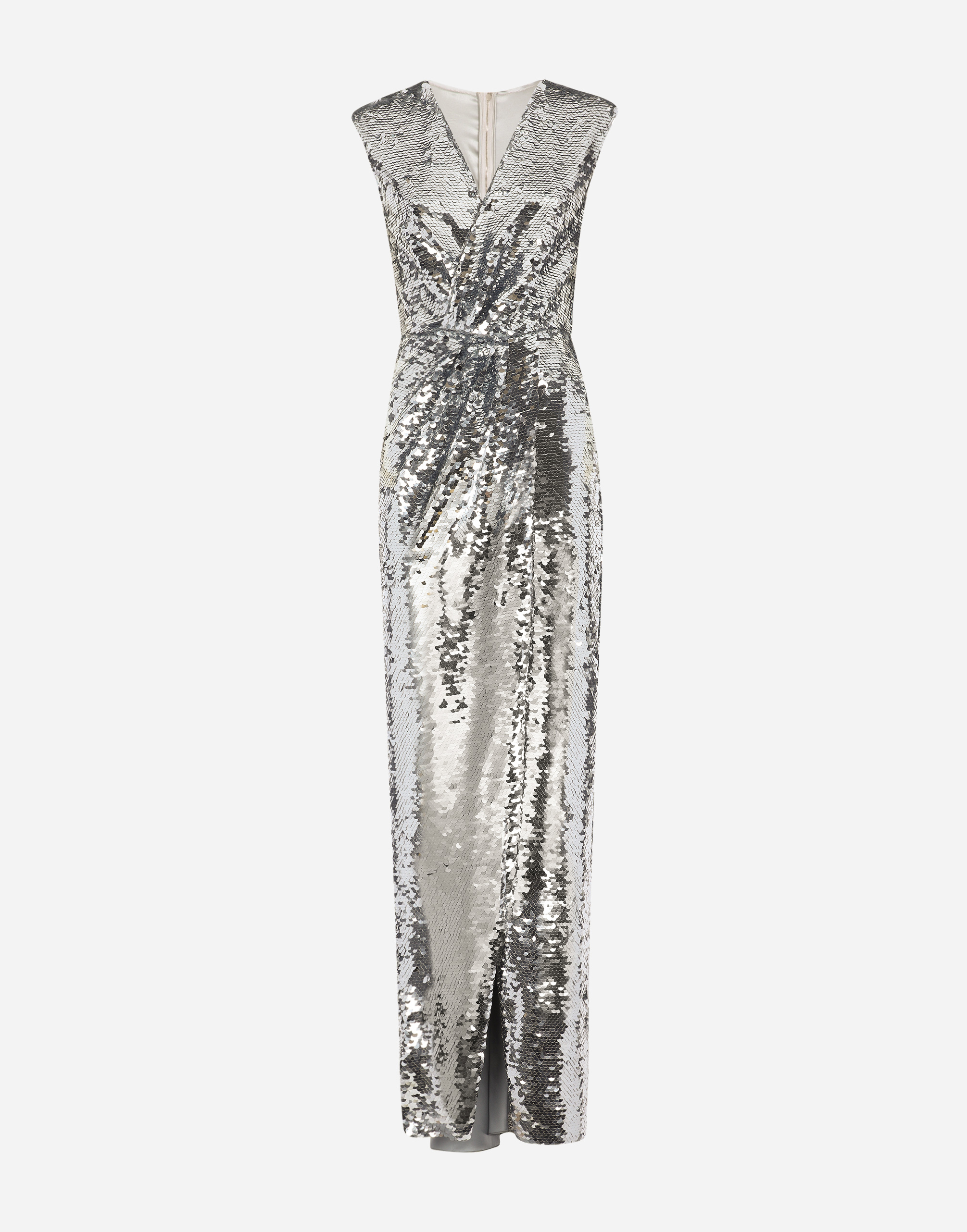 Long sequined dress with draping in Silver