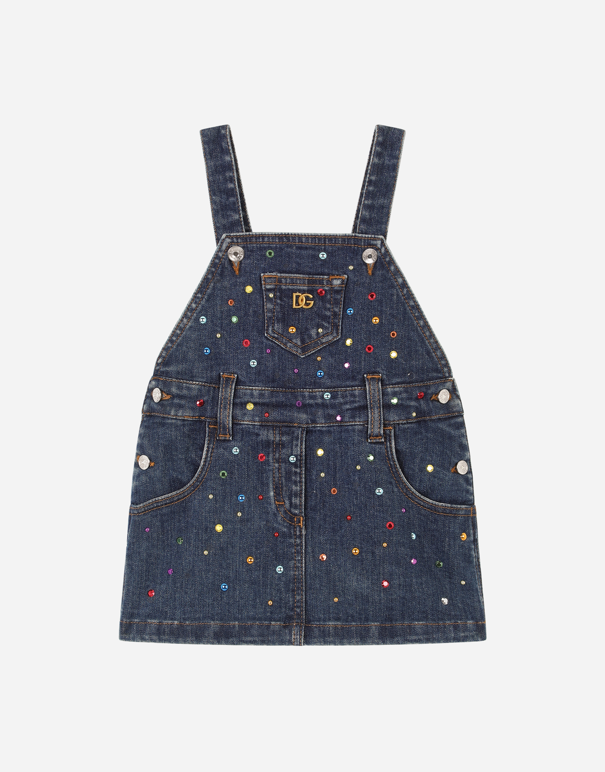 Dungarees with multi-colored fusible rhinestones in Blue