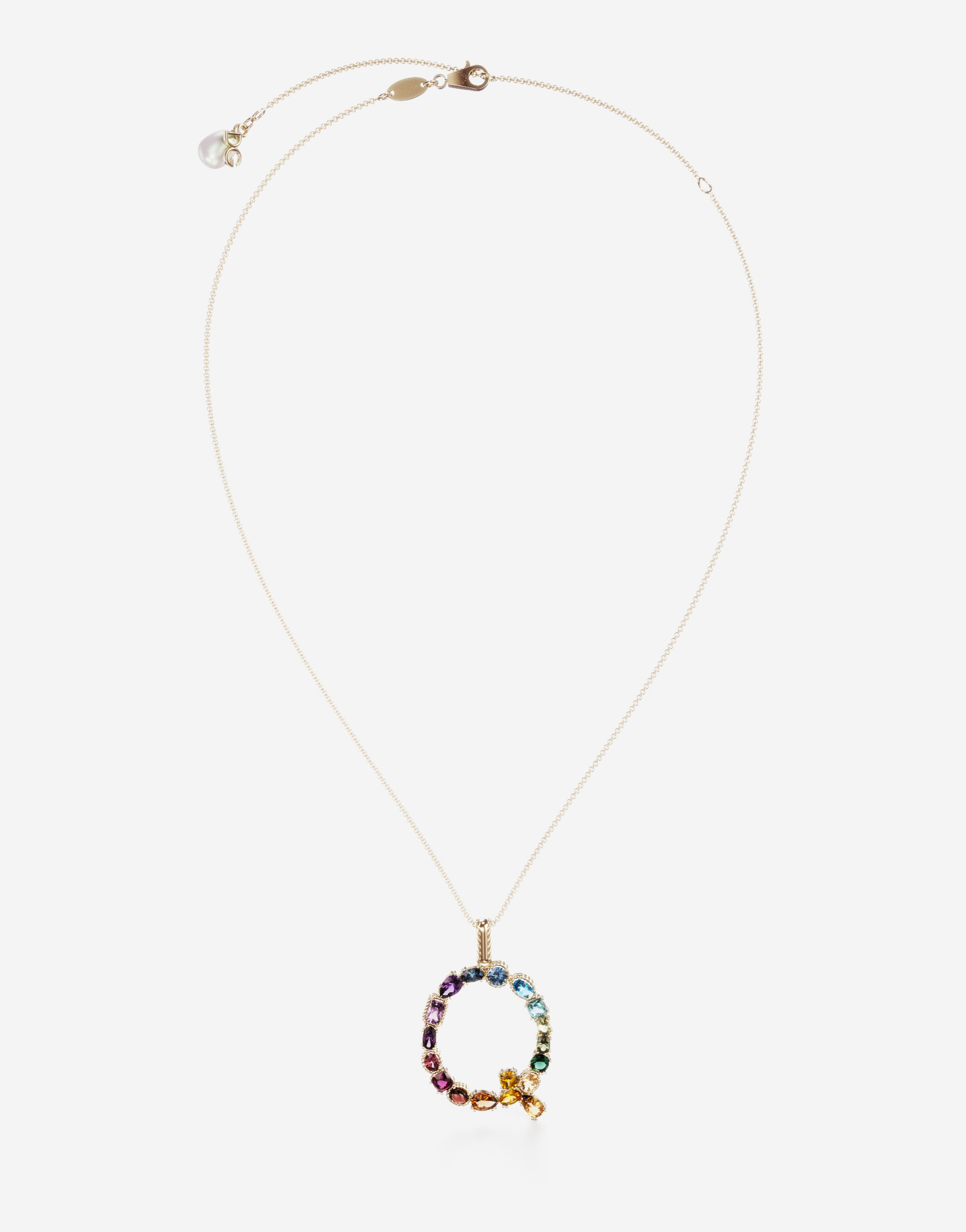 Rainbow alphabet Q pendant in yellow gold with multicolor fine gems in Gold