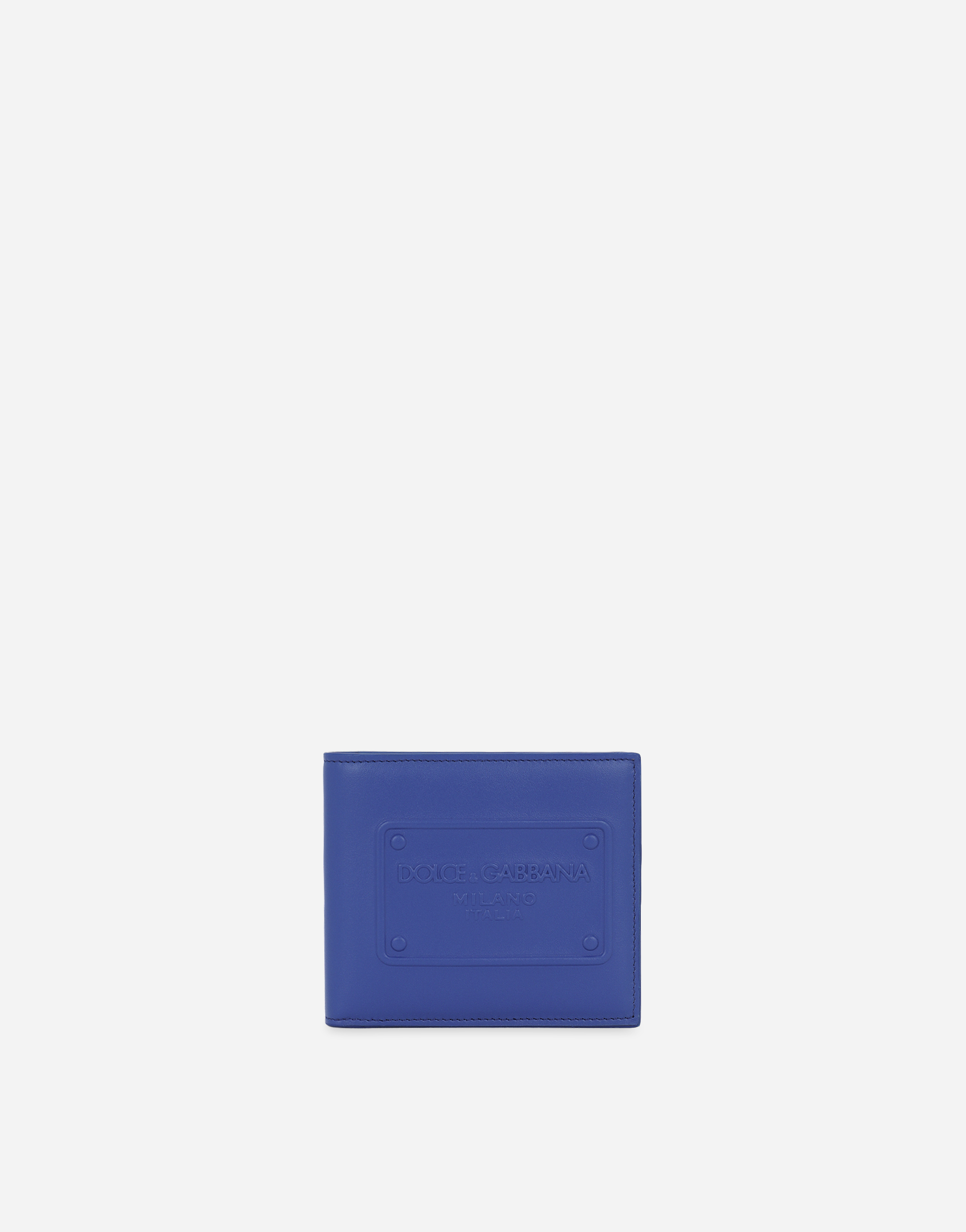 Calfskin bifold wallet with raised logo in Blue