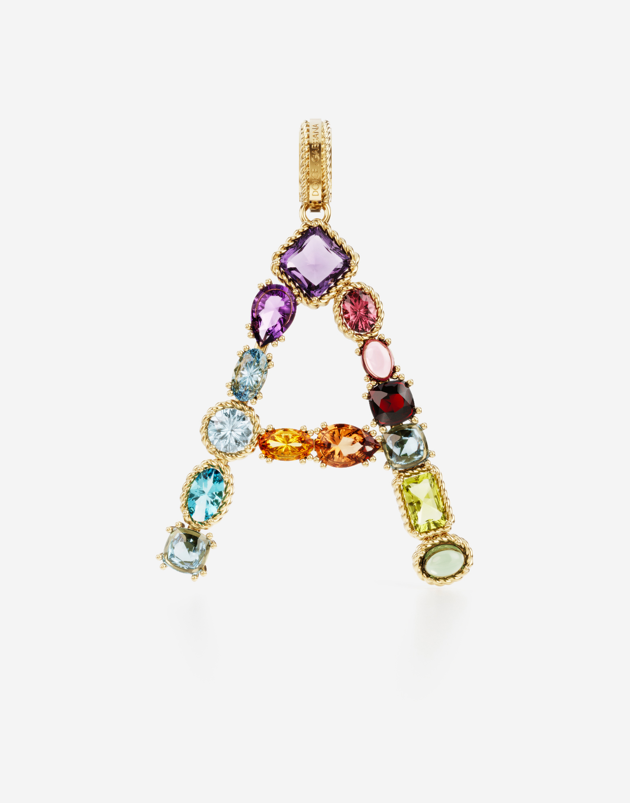 Rainbow alphabet A 18 kt yellow gold charm with multicolor fine gems in Gold