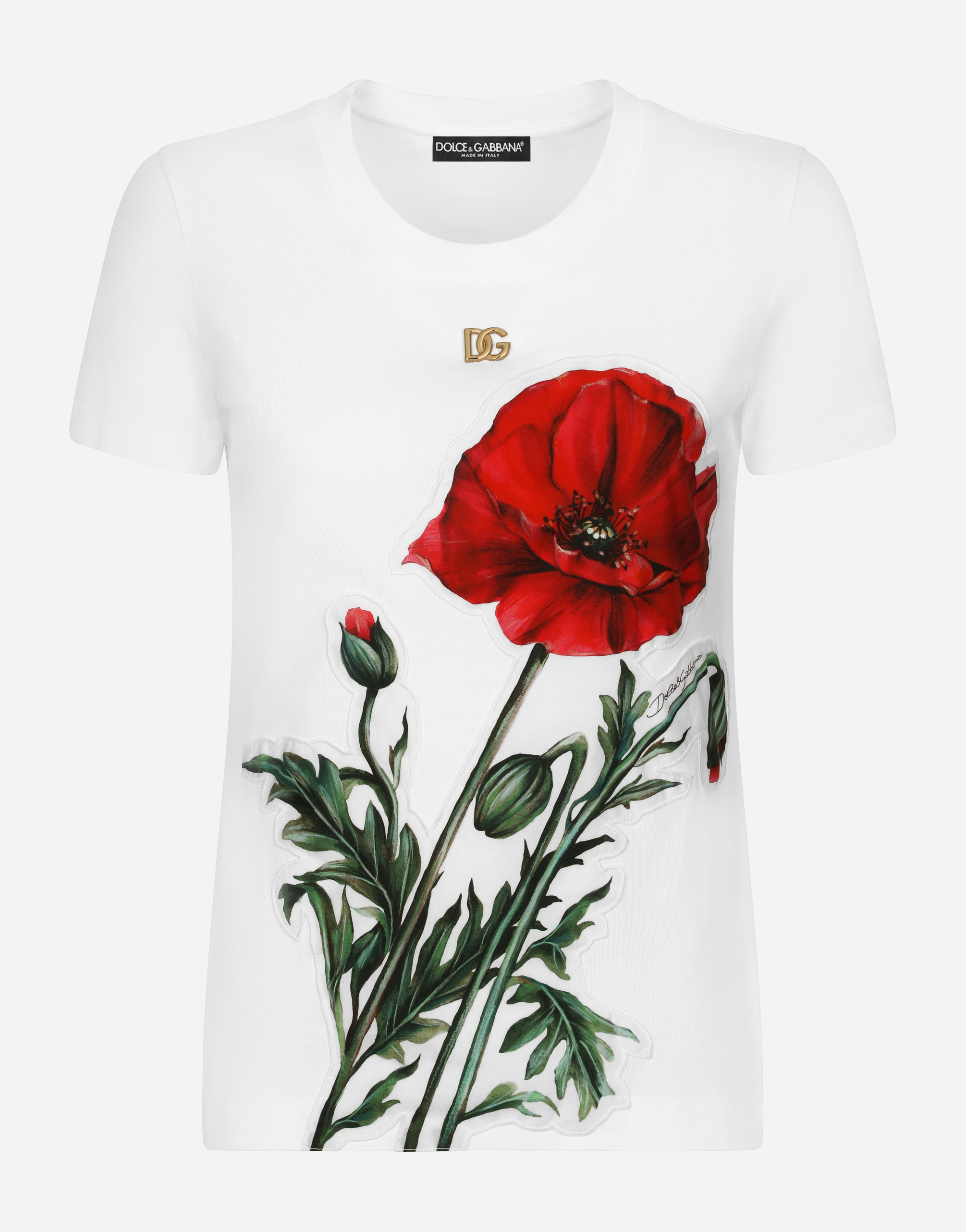 Jersey T-shirt with poppy patch in White