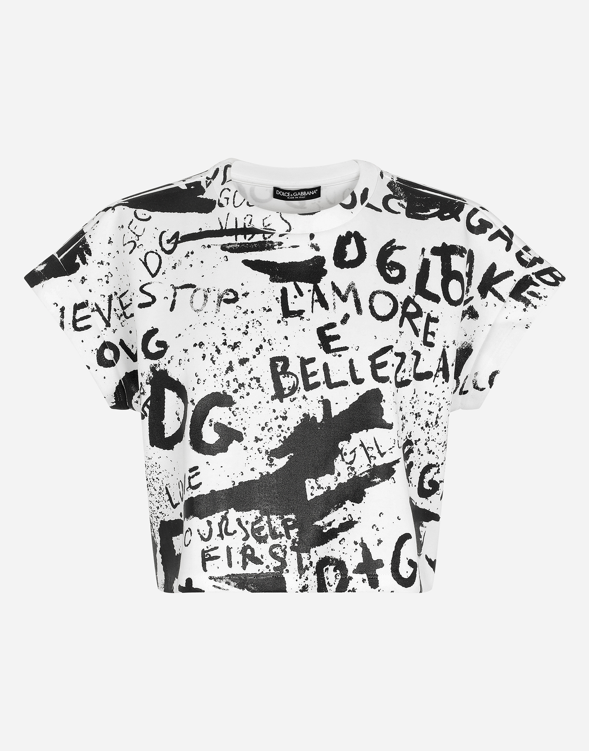 Cropped jersey T-shirt with DG graffiti print in Multicolor