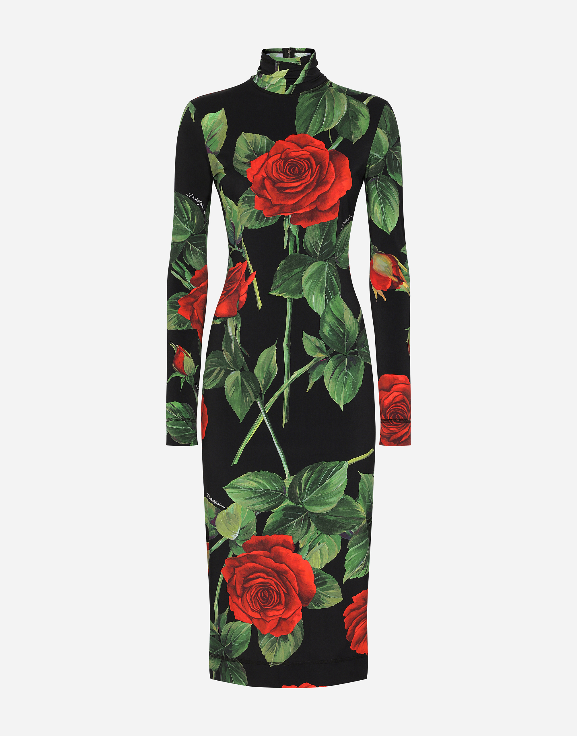 Jersey calf-length dress with red rose print in Multicolor for Women |  Dolce&Gabbana®
