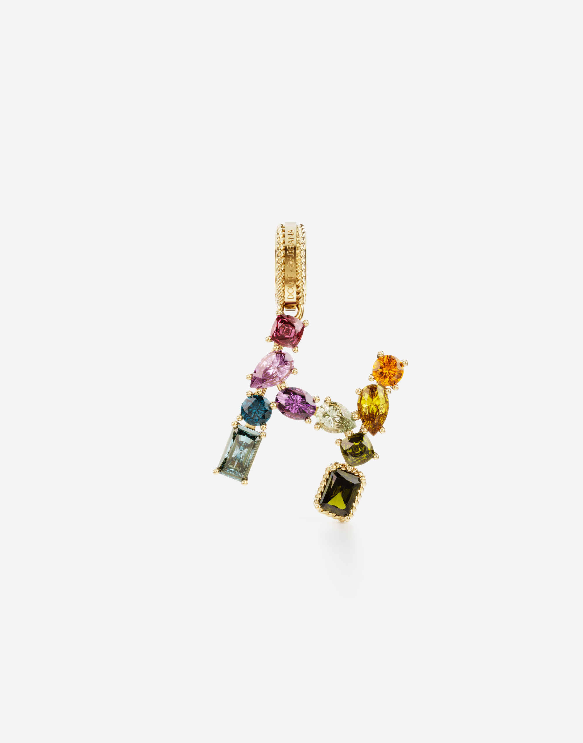 Rainbow alphabet H 18 kt yellow gold charm with multicolor fine gems in Gold